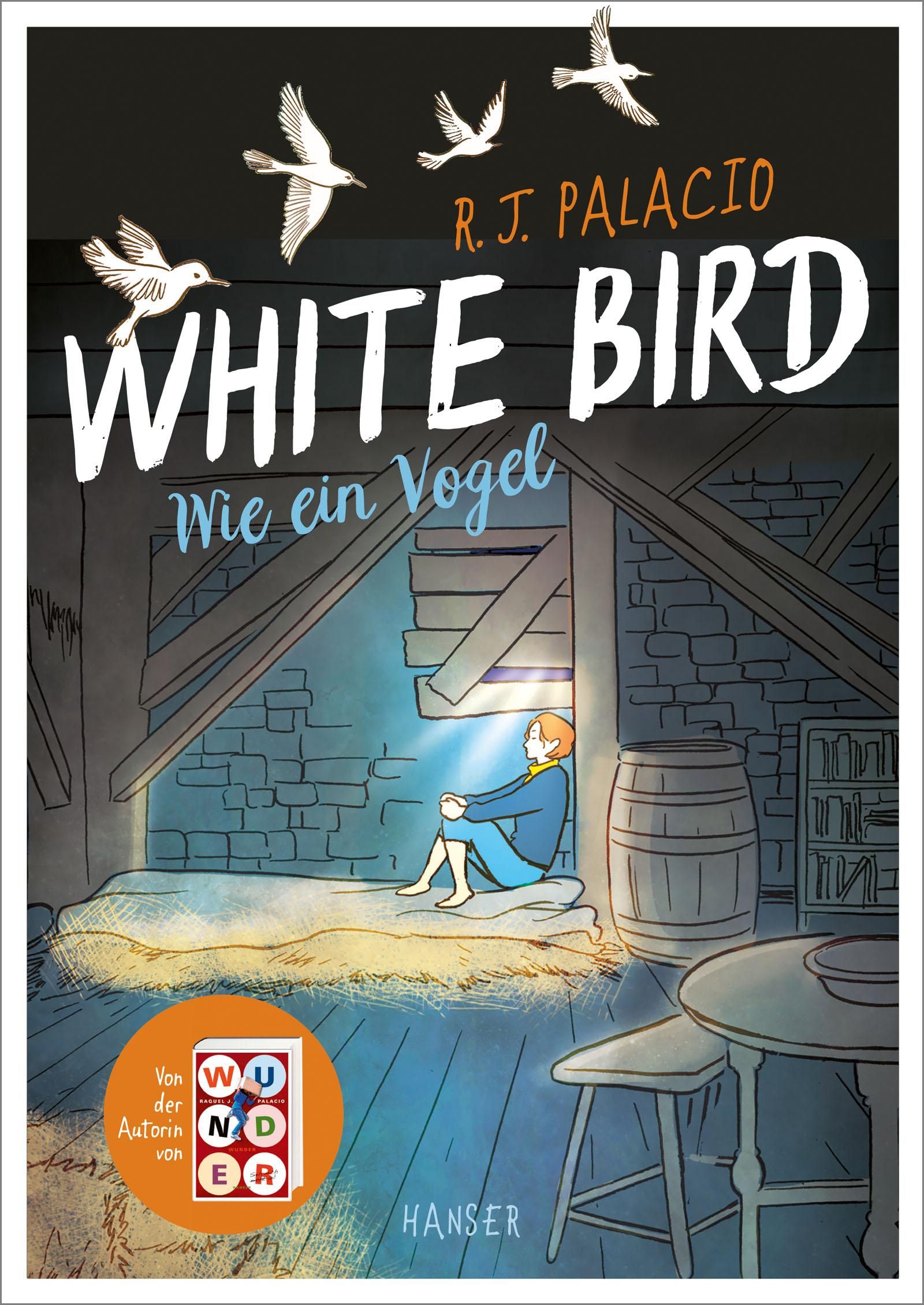 Hardcover-Graphic Novel "White Bird - Wie ein Vogel". Cover mit Illustration: Junge im Dachboden, Vögel, Titel.