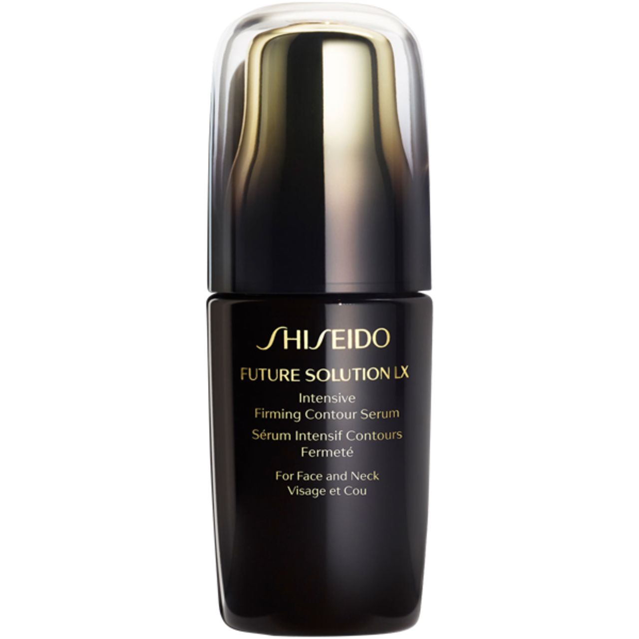 Schwarze Flasche mit goldfarbenem Deckel. Schriftzug: Shiseido, Future Solution LX. Produktbezeichnung und Anwendungsbereich.