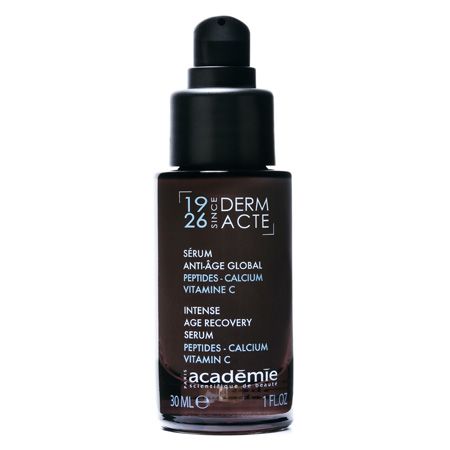 Braune Flasche mit schwarzem Pumpkopf. Beschriftung: Academie, Derm Acte Serum Anti-Age Global. Volumen: 30 ml.