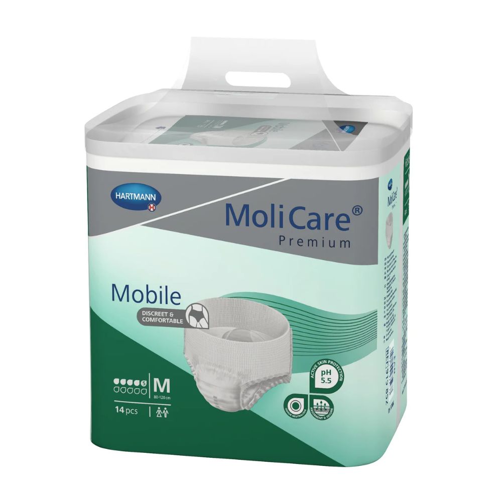 Verpackung MoliCare Premium Mobile. Enthält 14 Stück, Größe M. Mit Hartmann-Logo und pH-Wert 5,5.