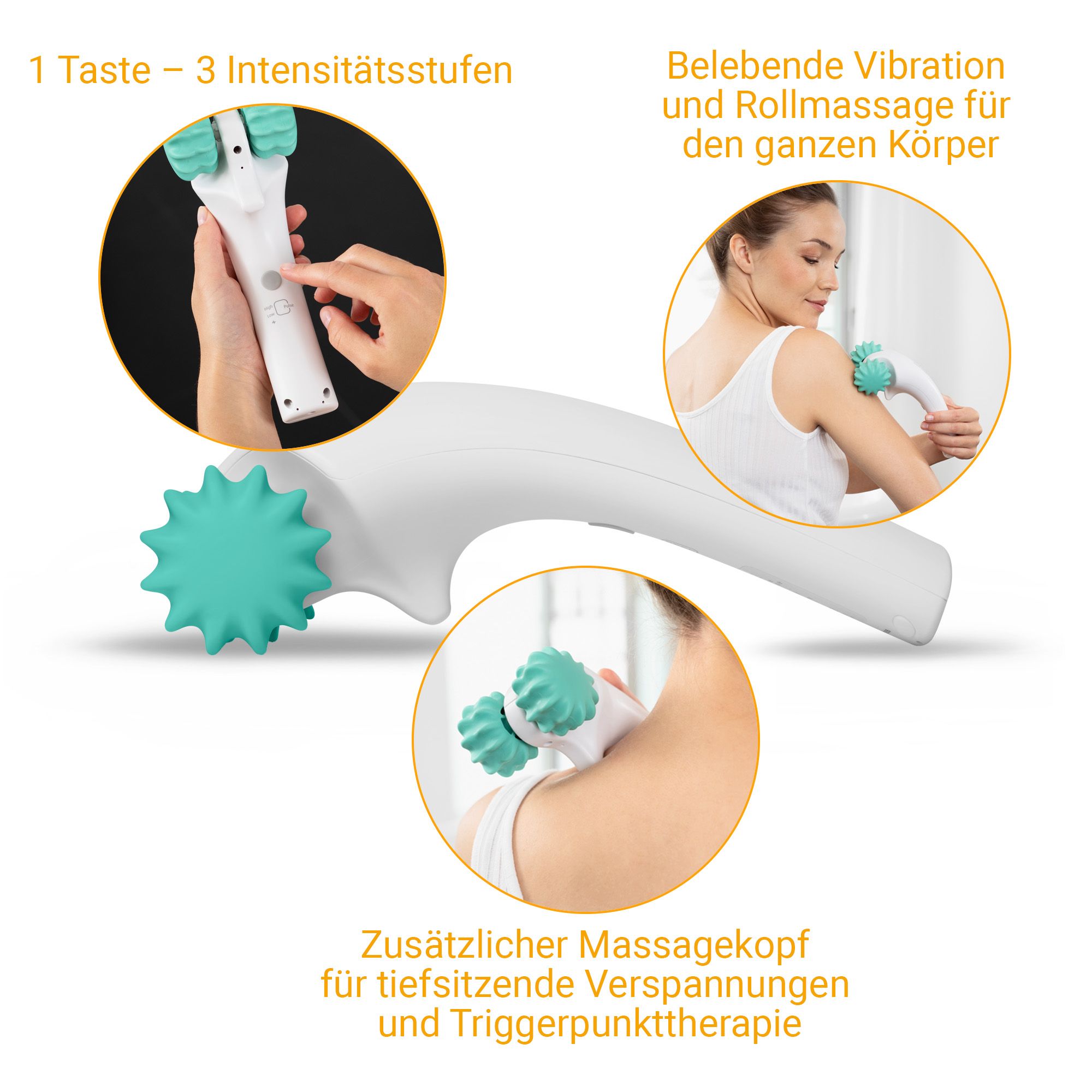 Medisana Handmassagegerät mit zwei Rollen und einem zusätzlichen Massagekopf mit Sternform.