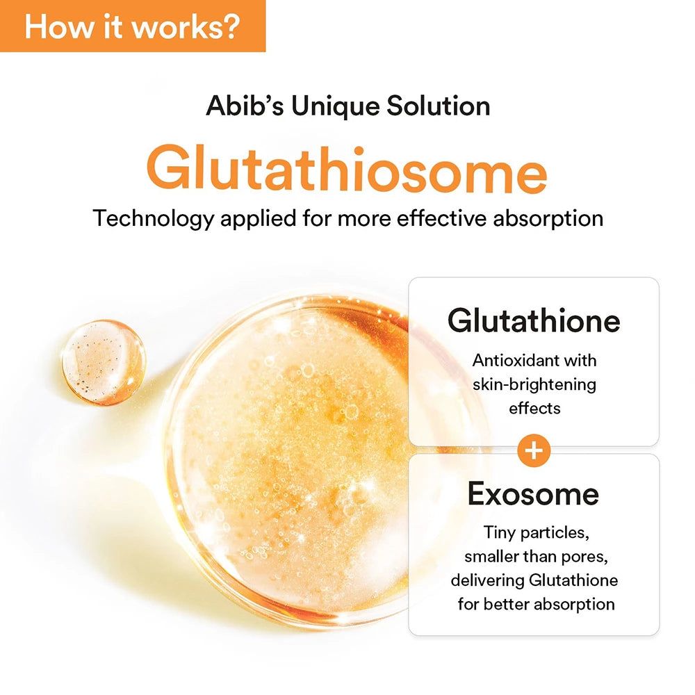 Abib Glutathiosome. Text: Glutathion, Antioxidans mit aufhellender Wirkung. Exosom, winzige Partikel, bessere Absorption.