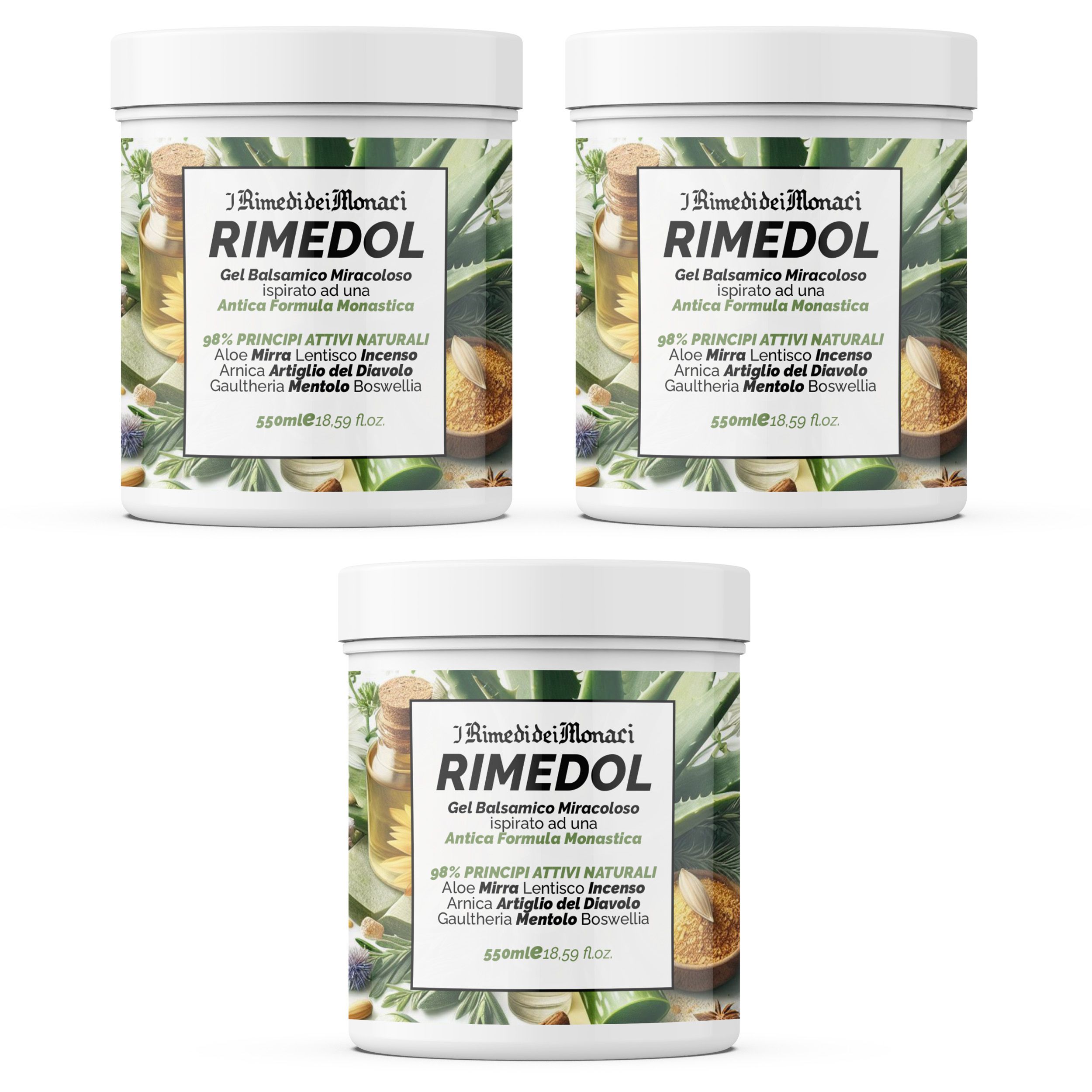 Drei weiße Tiegel mit Produktetikett. Aufschrift: RIMEDOL, Balsam-Gel. Text in italienischer Sprache. 550ml.