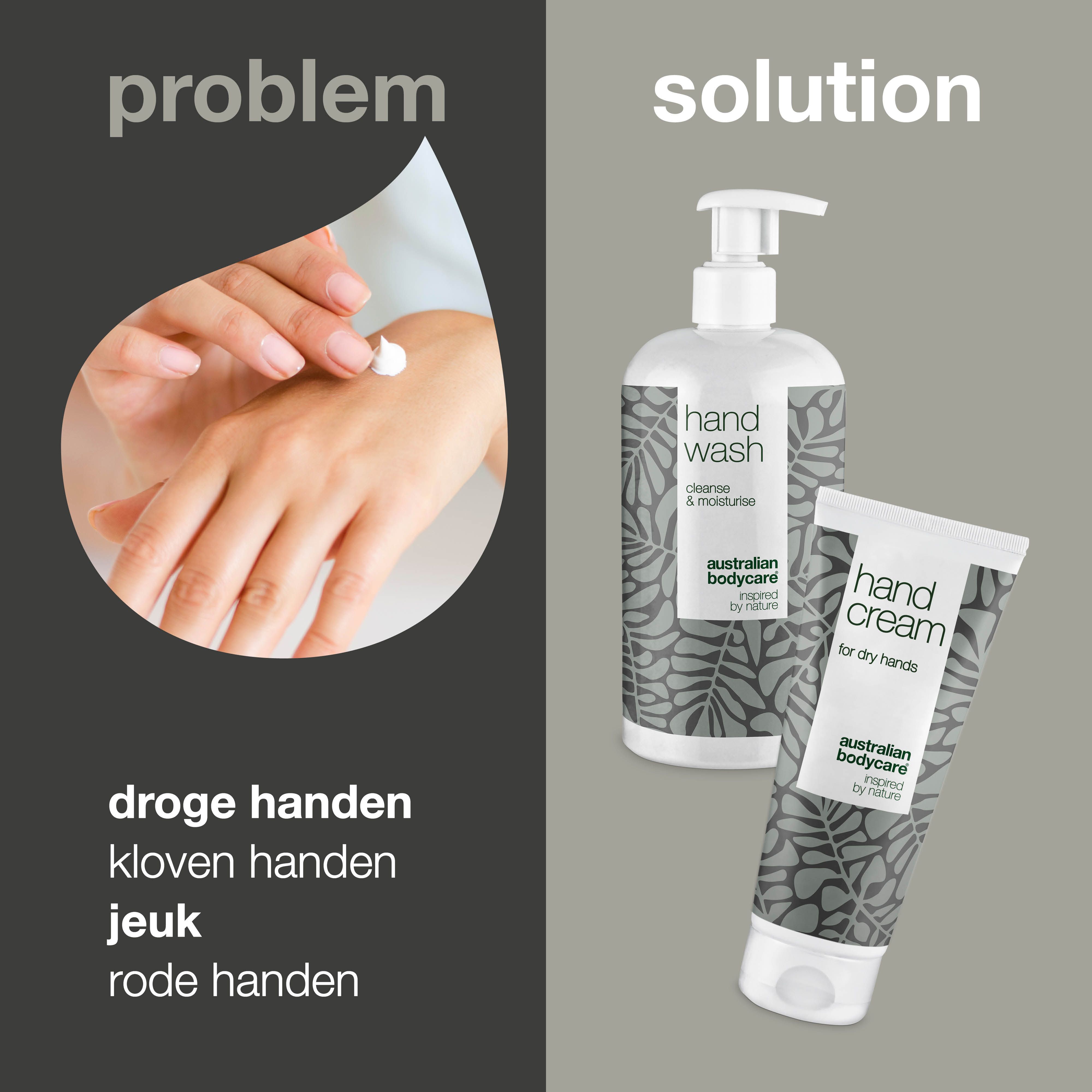 Afbeelding toont droge handen, kloven, jeuk en rode handen. Daarnaast handzeep en handcrème.