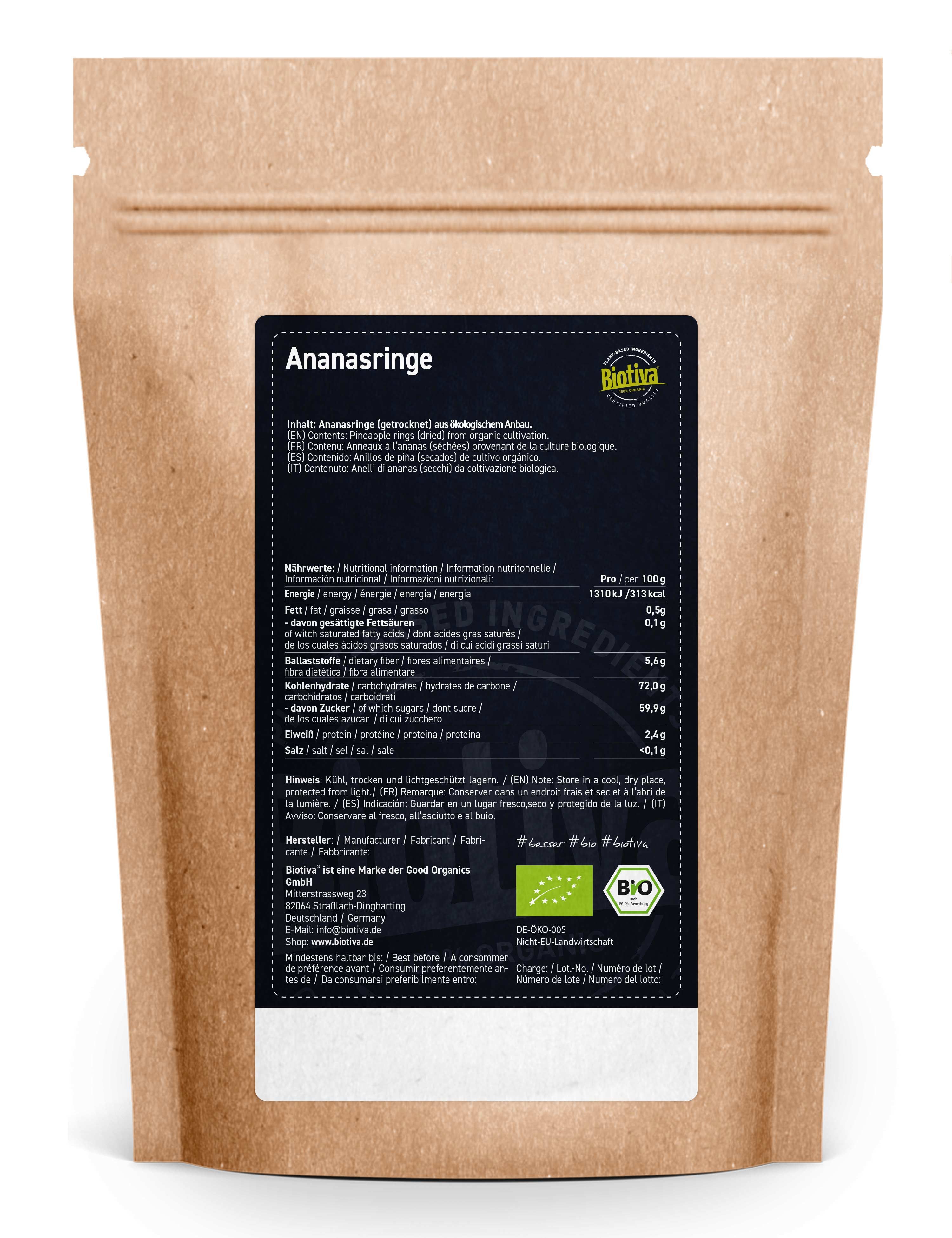 Biotiva Ananasringe Bio-Packung, Rückseite. Braune Papiertüte mit schwarzem Etikett. Nährwertangaben und Bio-Siegel.