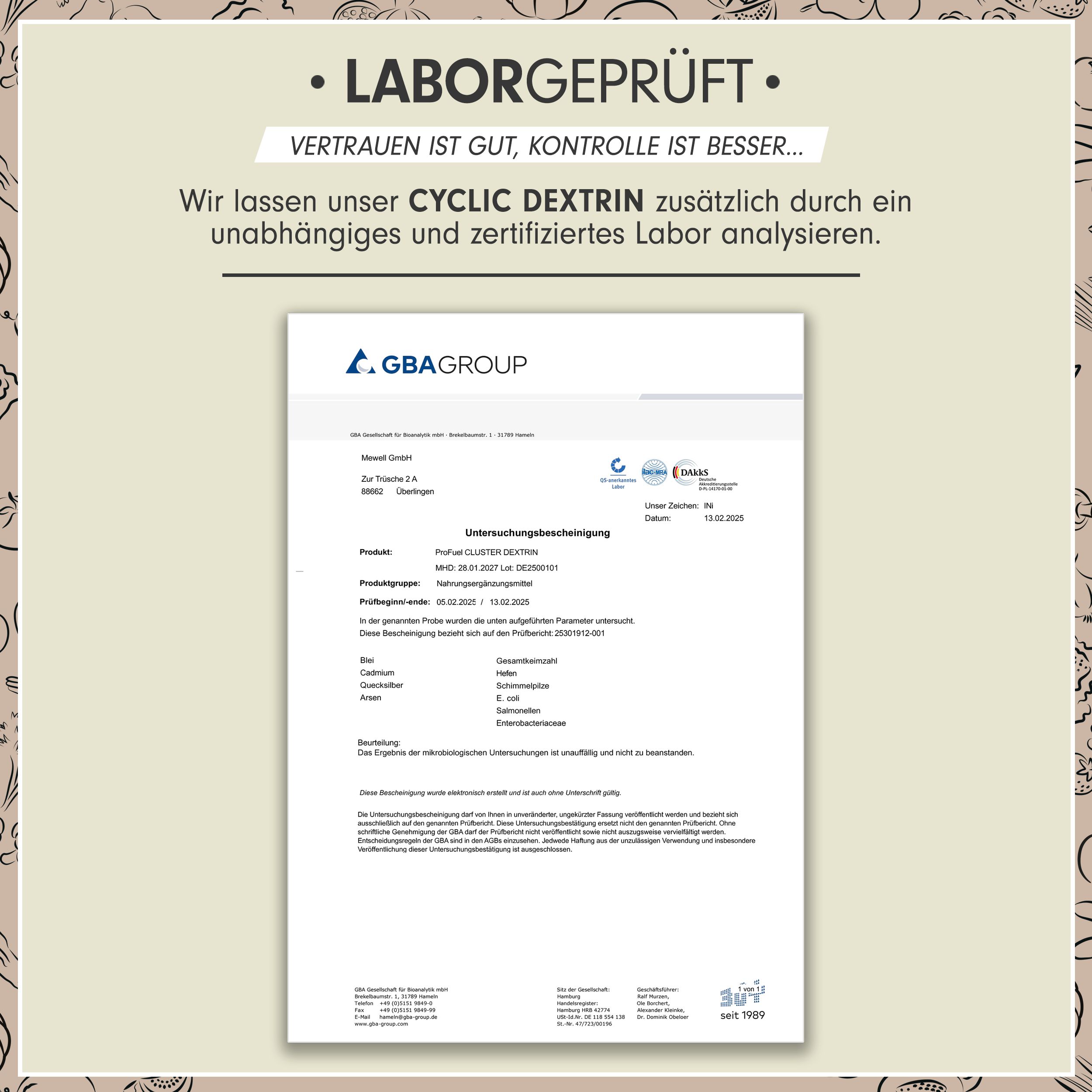 Laborbericht.  GBA Group Logo.  Zertifizierter Bericht über "Cyclic Dextrin".