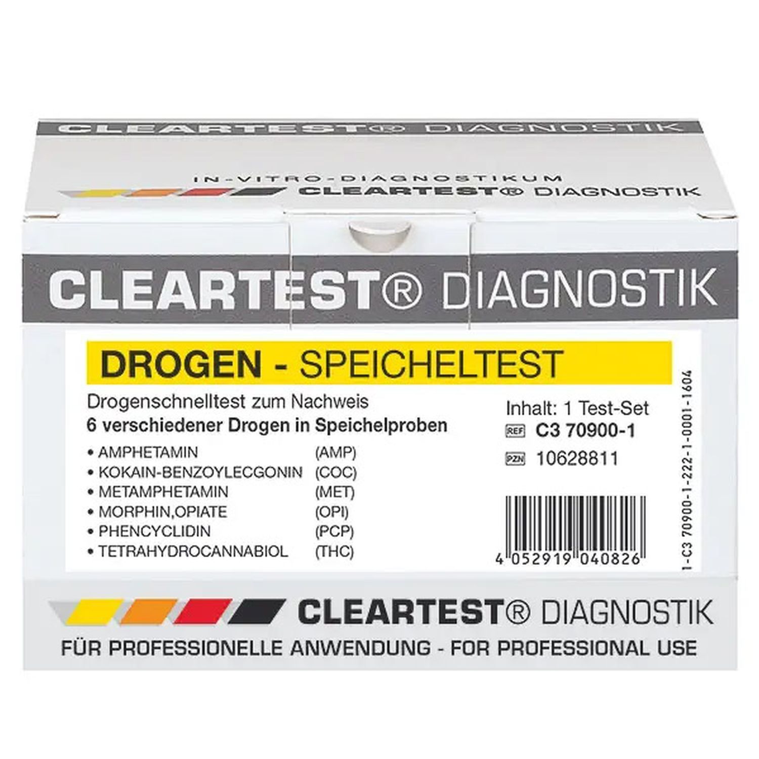 Verpackung des Drogentests. Aufschrift: CLEARTEST DIAGNOSTIK, Drogen-Speicheltest. Enthält 1 Test-Set. Für professionelle Anwendung.