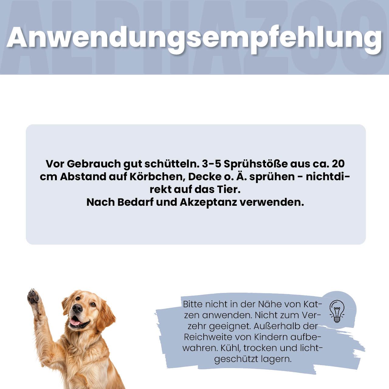 Goldener Retriever. Text: Anwendungsempfehlung. Text: Vor Gebrauch gut schütteln. Nicht direkt auf das Tier sprühen.