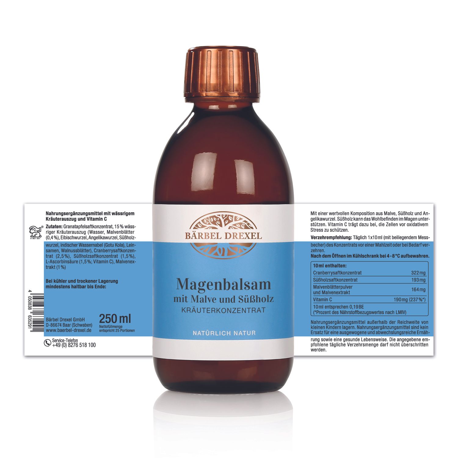 Rückseite einer Flasche Magenbalsam mit Nährwertangaben und Zutatenliste. "250 ml" sichtbar.