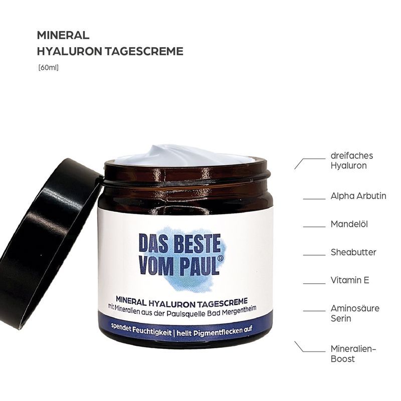 Tagescreme in braunem Glas mit schwarzem Deckel. Aufschrift: DAS BESTE VOM PAUL®. Text: Mineral Hyaluron Tagescreme.