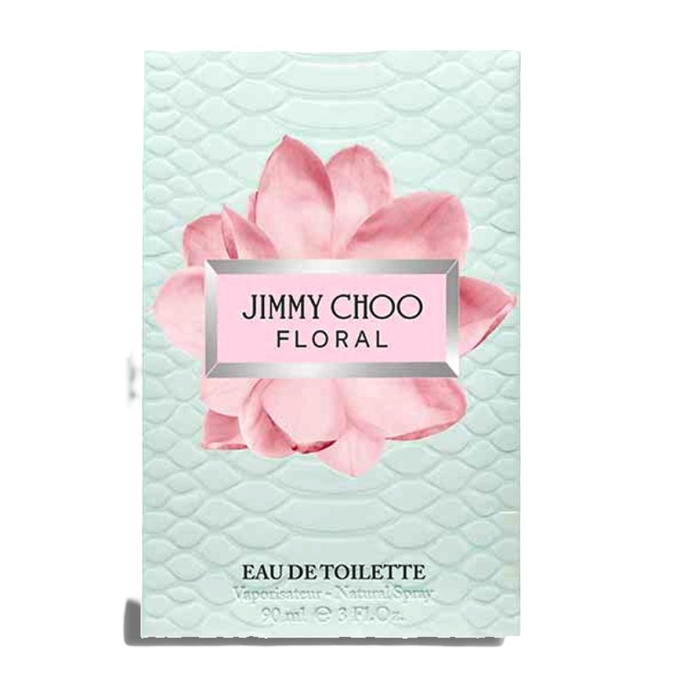 Jimmy Choo Floral Eau de Toilette Verpackung. Hellgrüne Verpackung mit Blumenmotiv und Produktinformationen.