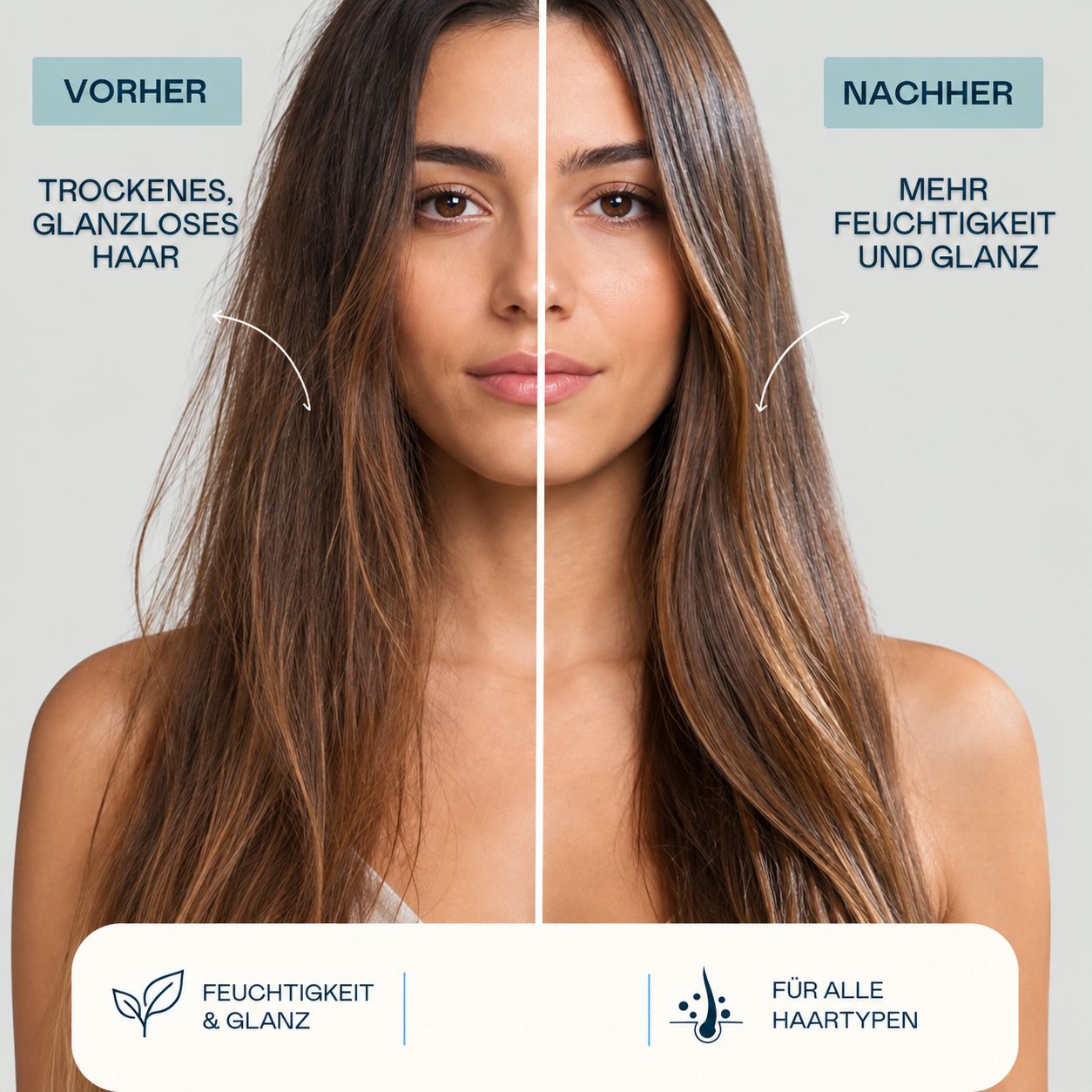 Vorher-Nachher-Vergleich von Haaren, die trocken und glanzlos sind, zu mehr Feuchtigkeit und Glanz.