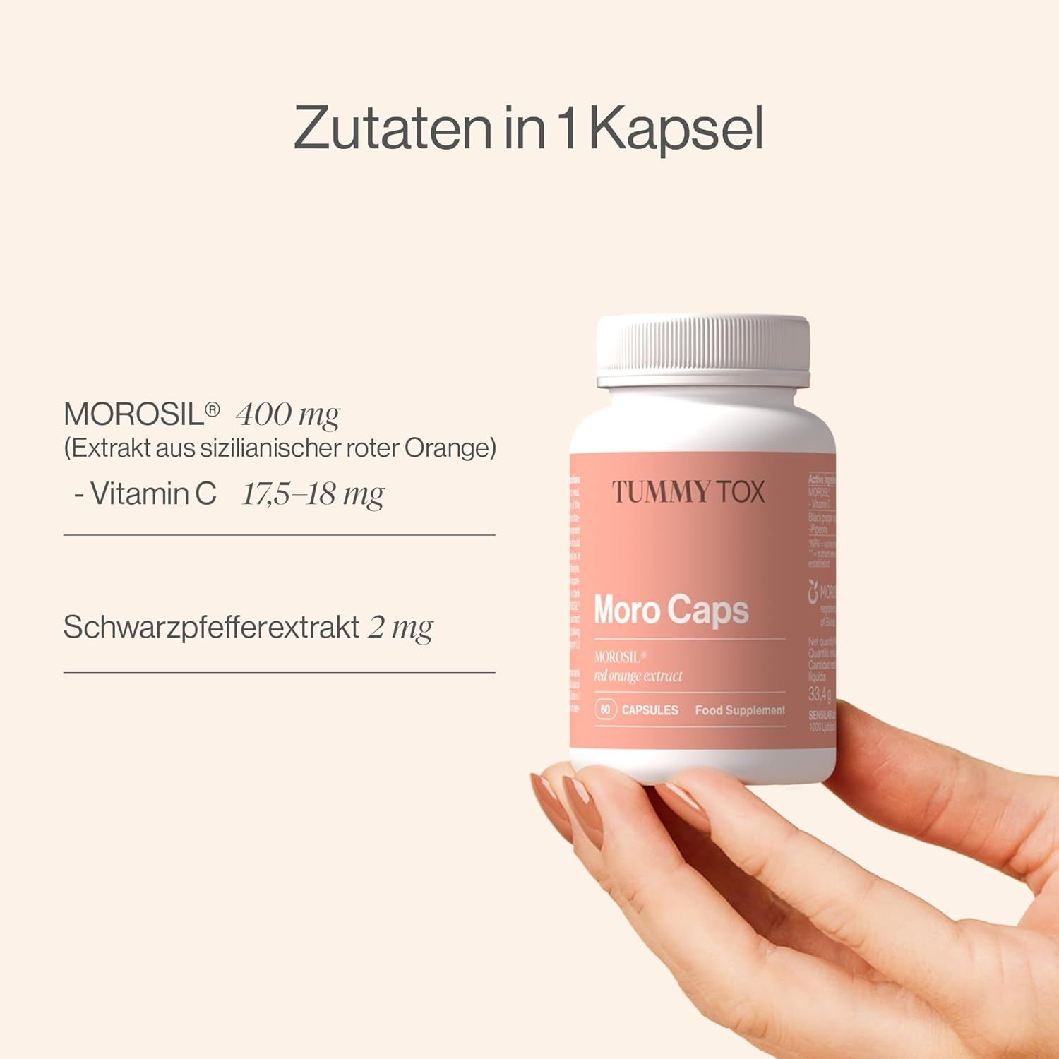 Hand hält eine Flasche "Tummy Tox Moro Caps". Daneben eine Liste mit Inhaltsstoffen: Morosil, Vitamin C, Schwarzer Pfefferextrakt.