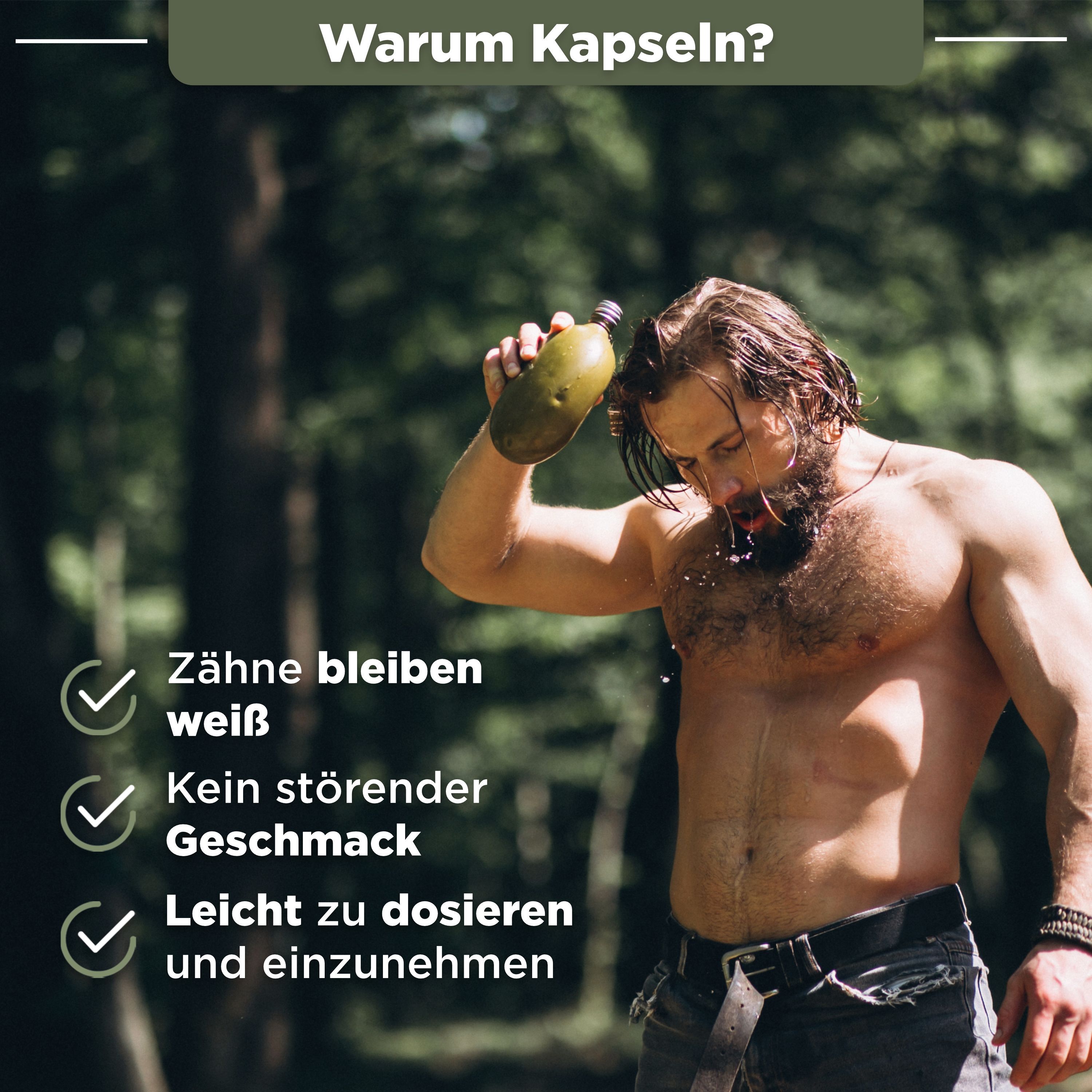 Mann mit Flasche. Text: Zähne bleiben weiß, Kein störender Geschmack, Leicht zu dosieren und einzunehmen.