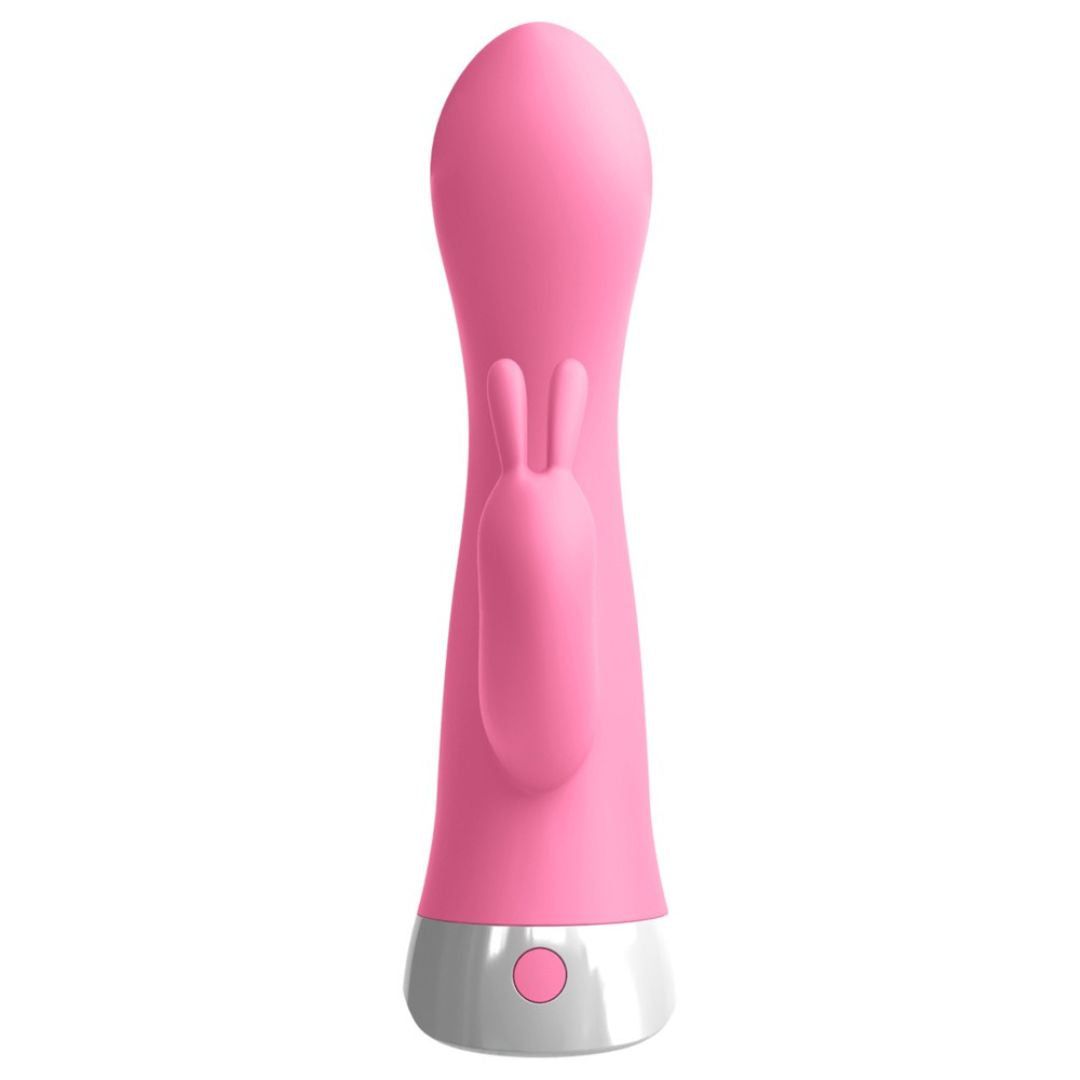 Pinkfarbener Vibrator mit Hasenohren-Design. Silberfarbener Sockel mit Knopf. Vertikale Ausrichtung.