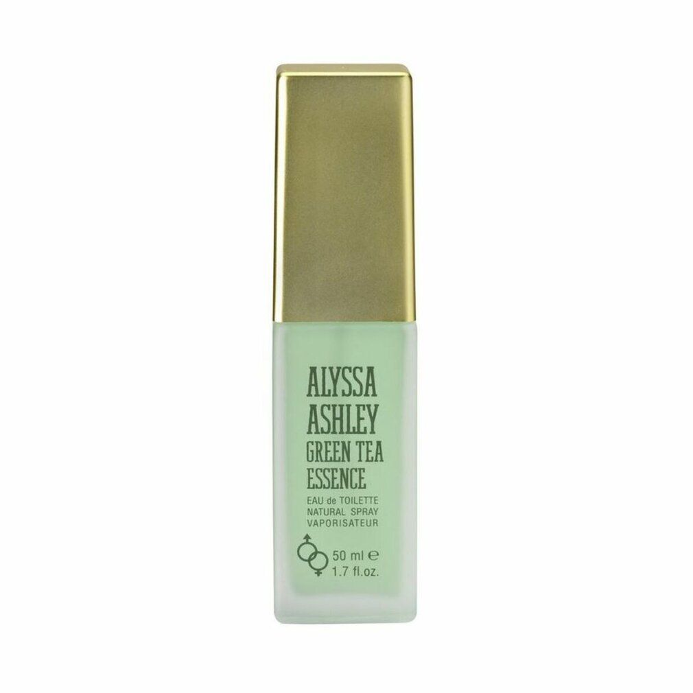 Alyssa Ashley Green Tea Essence Eau de Toilette. Rechteckige Flasche mit grünem Inhalt und goldfarbenem Deckel. Text.