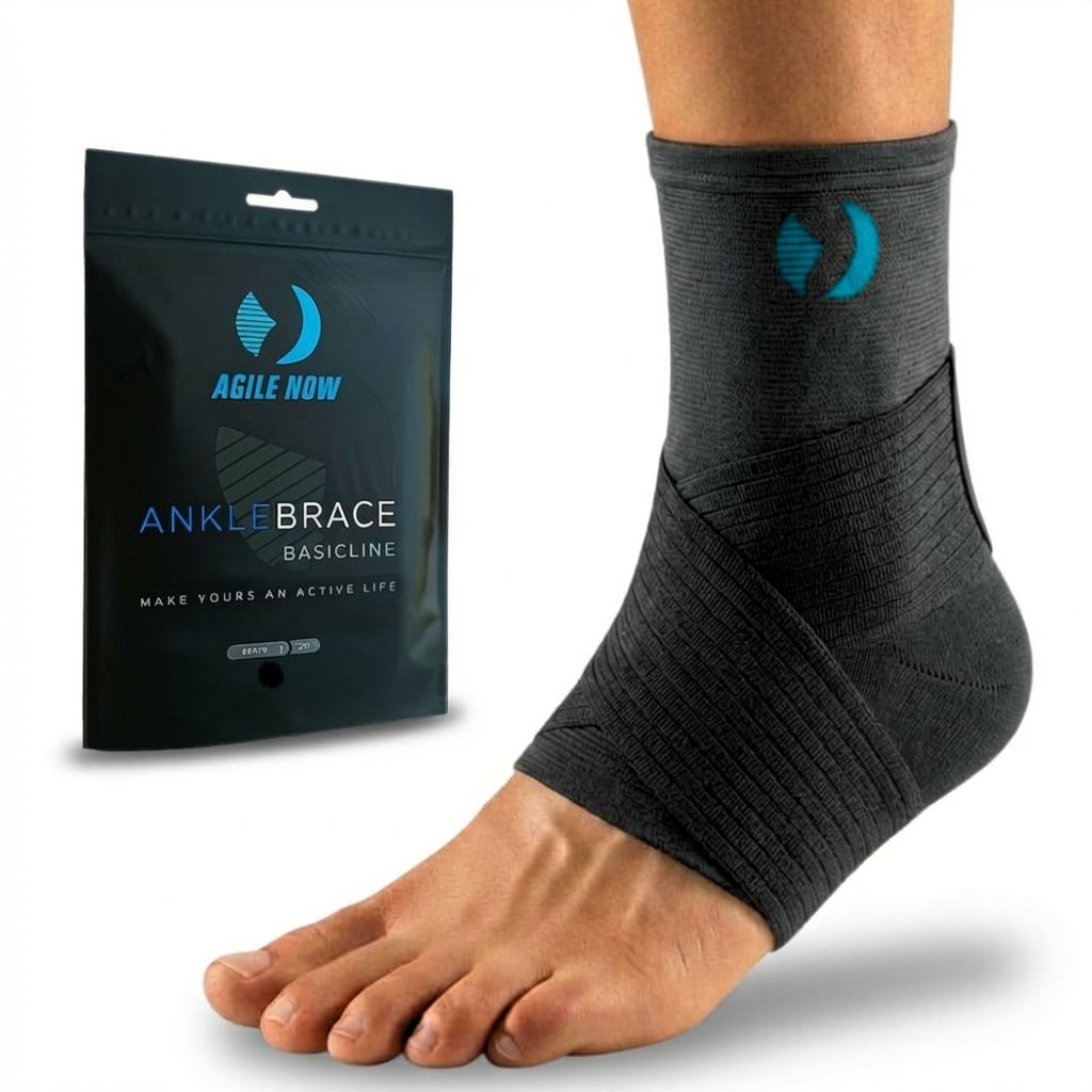Schwarze Sprunggelenkbandage und Verpackung. Text: AGILE NOW, Ankle Brace, Basicline.