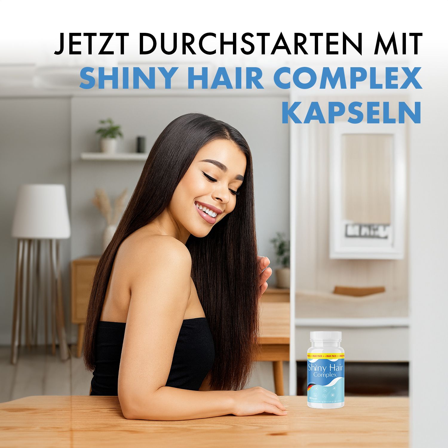 Frau mit langen Haaren berührt ihre Haare. Kapsel-Flasche auf dem Tisch. Aufschrift: Shiny Hair Complex Kapseln.