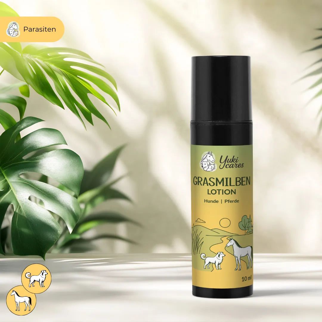 Grün-schwarze Lotion-Flasche mit Etikett. Text: Grasmilben Lotion, Hunde & Pferde. Logo: Yuki cares. Hintergrund: Blätter.