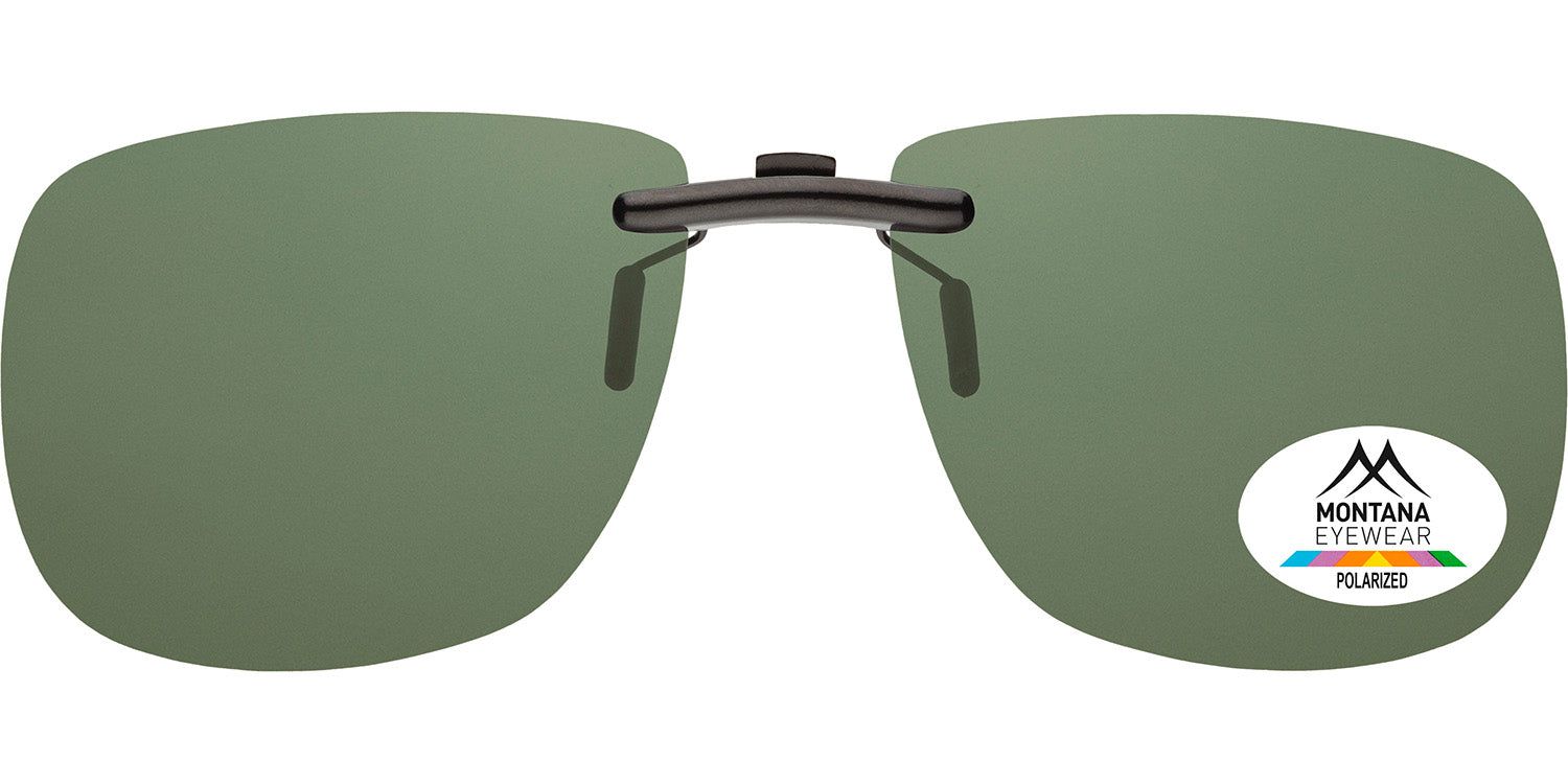 Clip-on-Sonnenbrille mit grünen Gläsern. Schwarzer Rahmen. Montana Eyewear Logo und Polarized-Aufkleber.