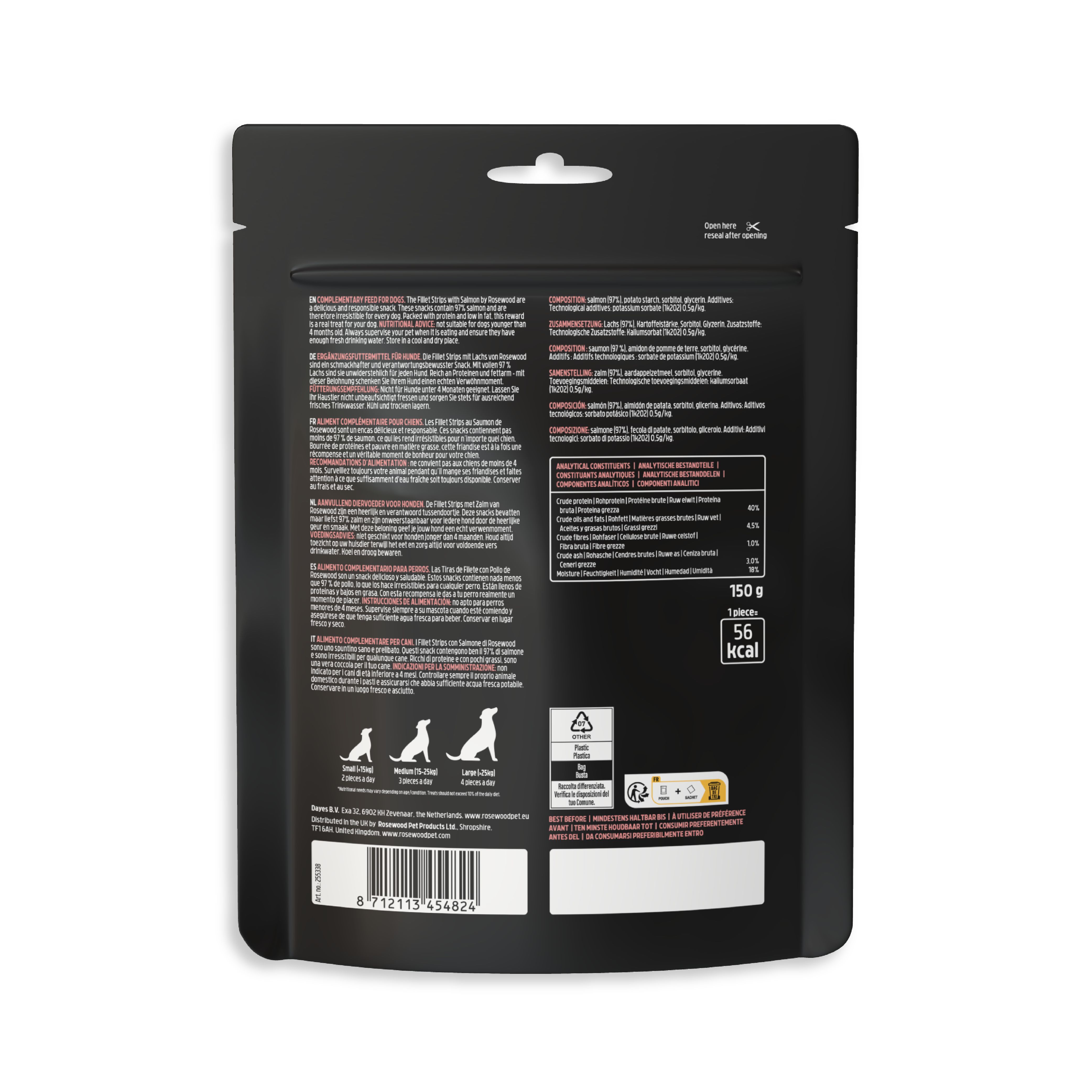 Rückseite eines schwarzen Beutels. Text und Logos. Nährwertangaben. Recycling-Symbol. Gewicht: 150 g.