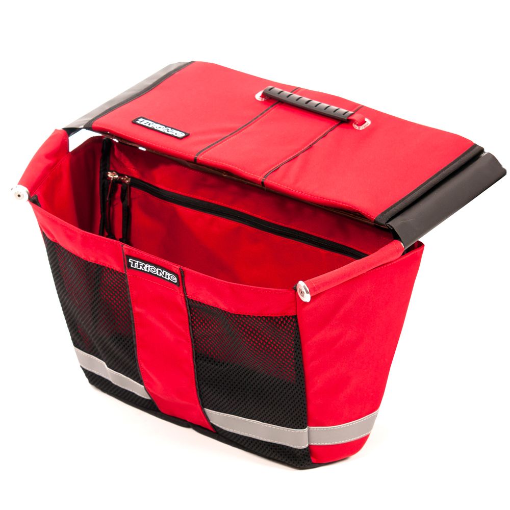 Roter Korb für Trionic Walker 9er. Mit schwarzem Netz, Reflektoren und Trionic-Logo. Deckel mit Griff.