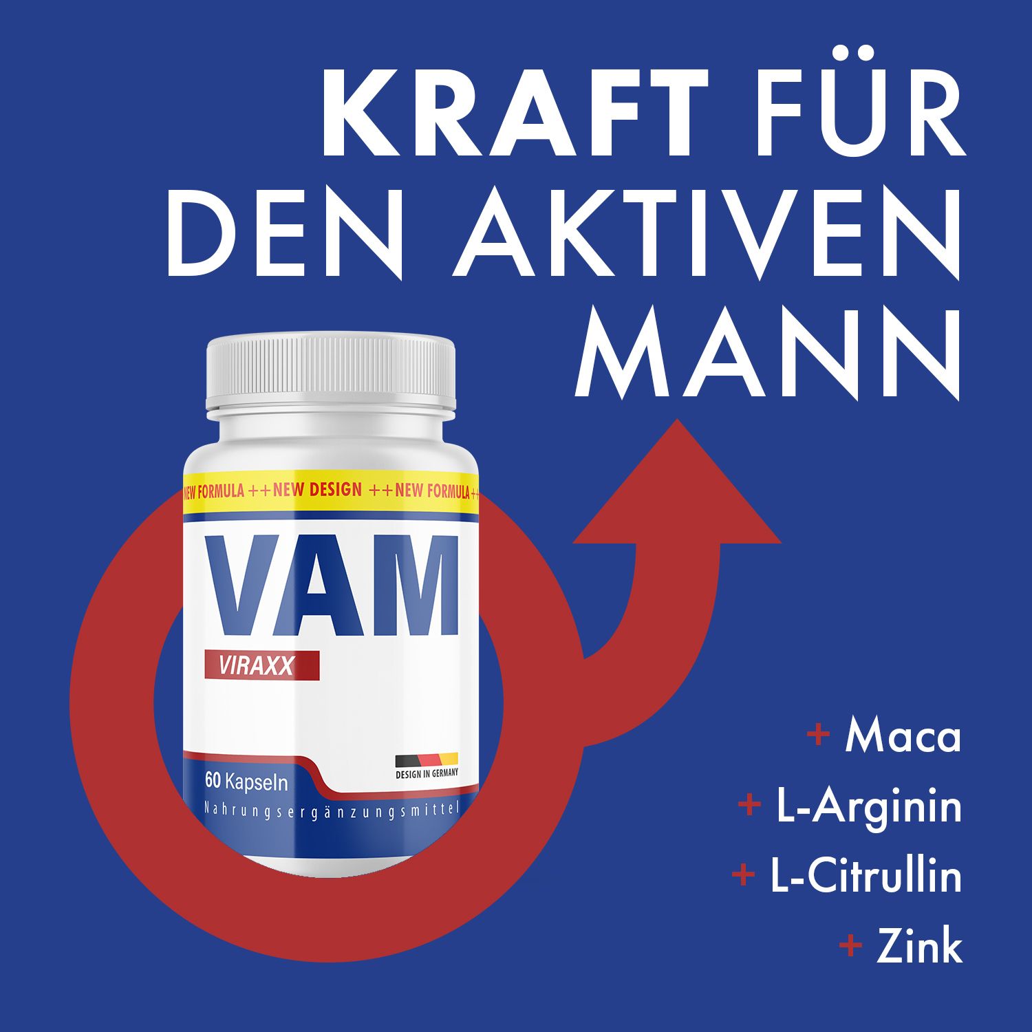 Flasche "VAM VIRAXX" vor blauem Hintergrund. Roter Pfeil und Text: "Kraft für den aktiven Mann". Zutaten: Maca, L-Arginin, L-Citrullin, Zink.