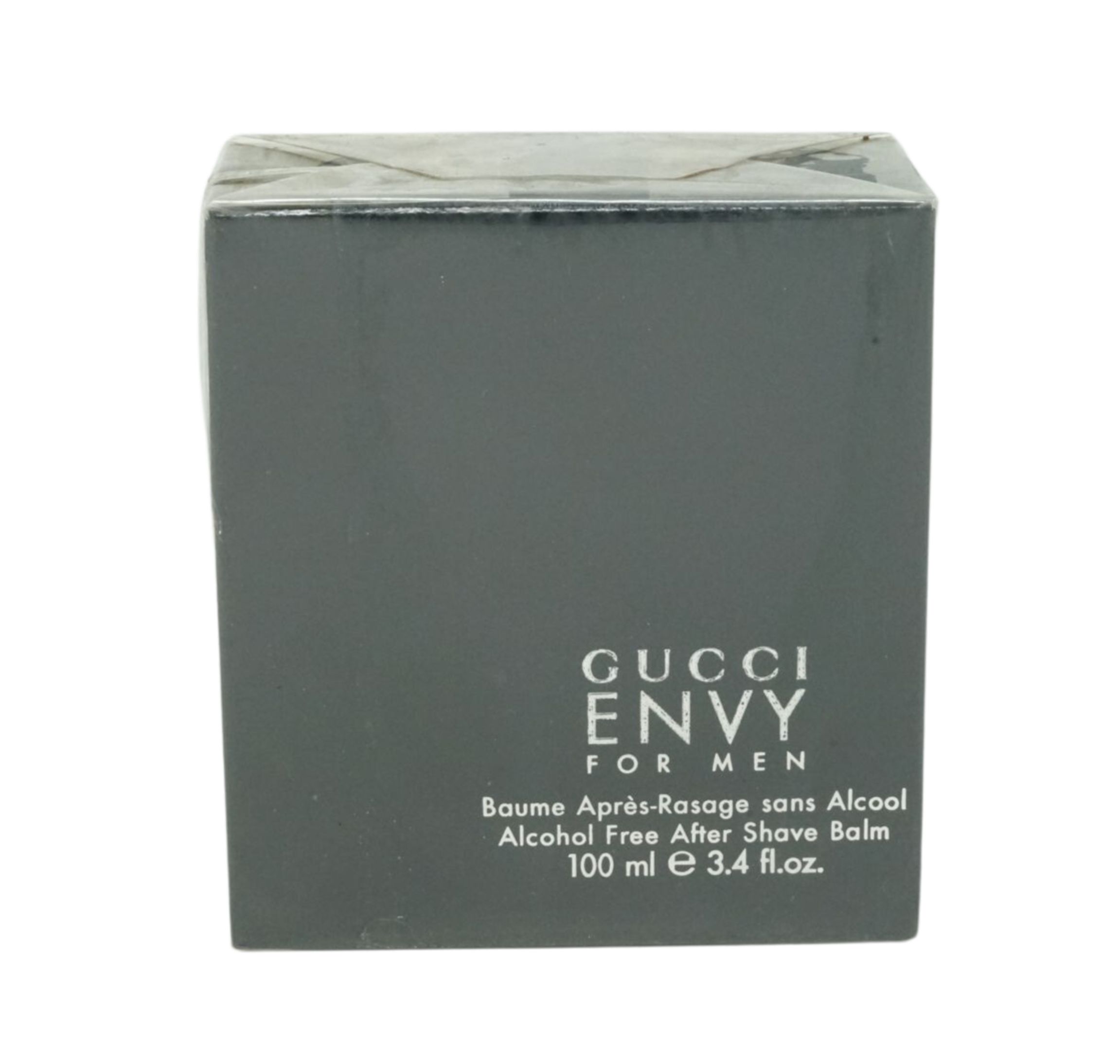 Dunkelgraue Verpackung. Aufschrift: GUCCI ENVY FOR MEN, Baume Après-Rasage sans Alcool, Alcohol Free After Shave Balm. 100 ml.