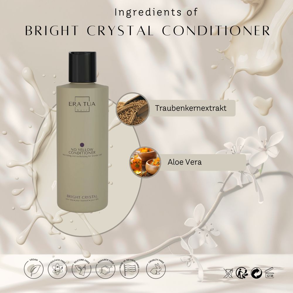 Beige Flasche mit schwarzem Deckel. Text: Era Tua, No Yellow Conditioner, Bright Crystal. Inhaltsstoffe: Traubenkernextrakt, Aloe Vera.