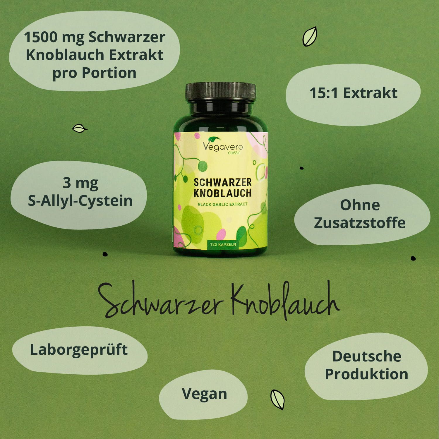 Grüne Flasche mit schwarzen Knoblauch Kapseln. Mit Zusatzinformationen. 15:1 Extrakt, 3 mg S-Allyl-Cystein.