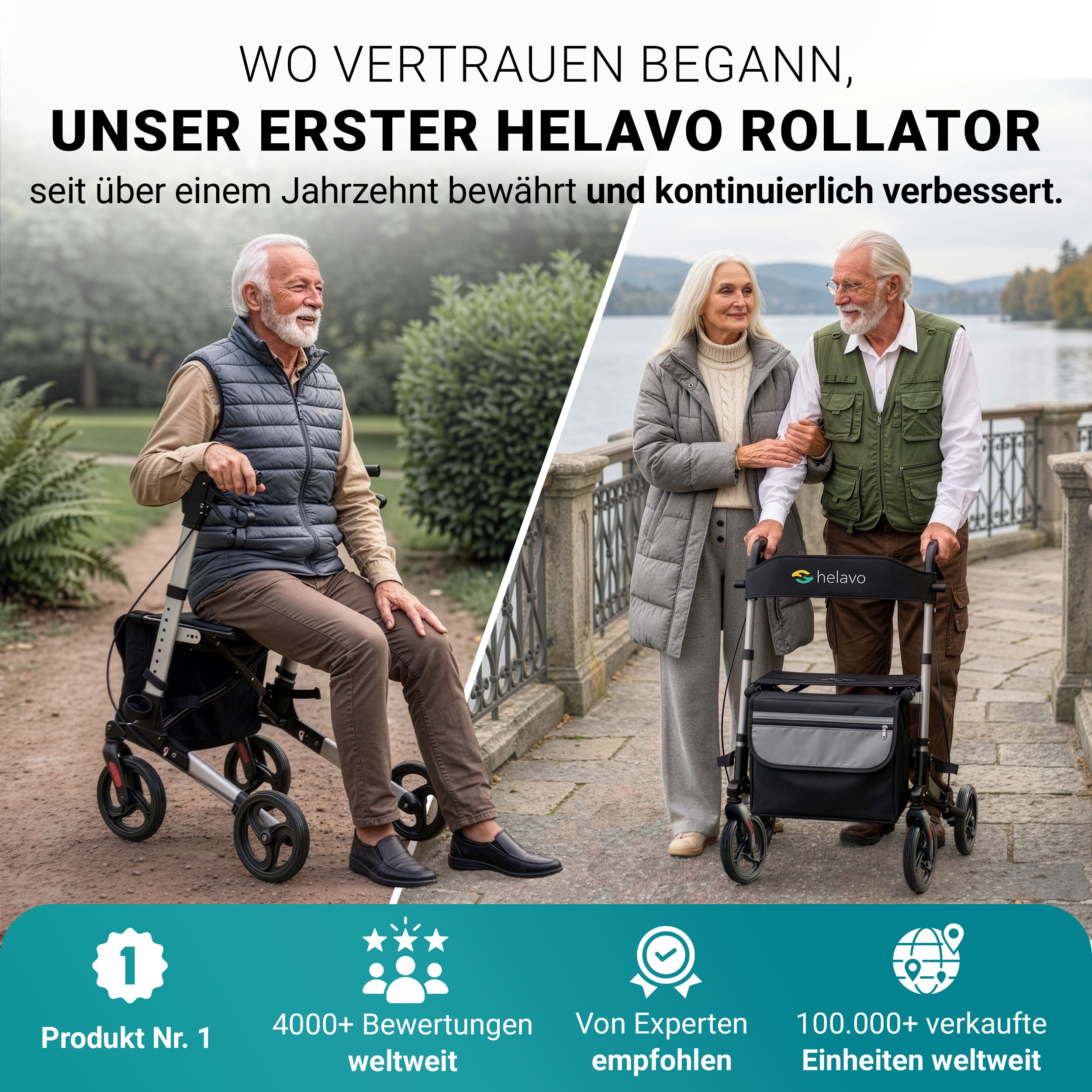Helavo Aluminium Rollator faltbar mit Sitzfläche und Reisetasche leicht 8,3kg