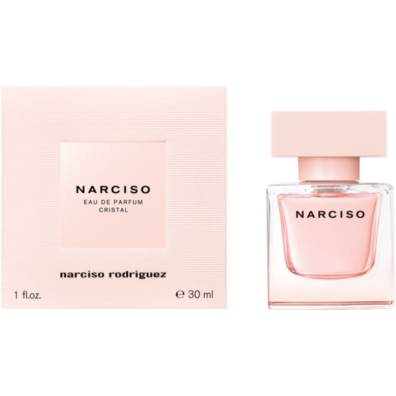 Rosa Schachtel und Flakon. Auf der Schachtel: "NARCISO EAU DE PARFUM CRISTAL", "narciso rodriguez", "1 fl.oz.", "e 30 ml".