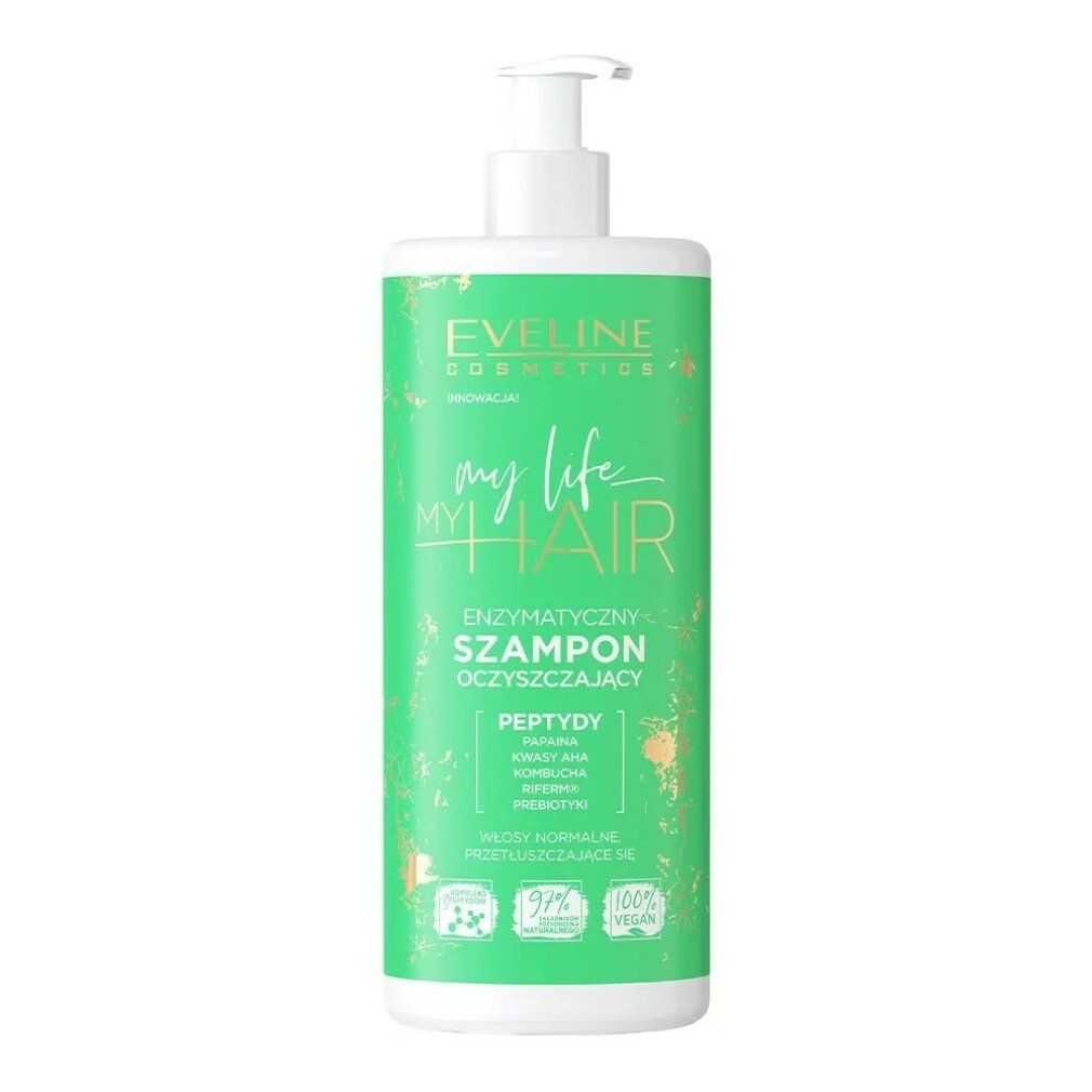 Grüne Shampoo-Flasche mit Pumpe. Aufschrift: Eveline Cosmetics, my life my hair, Enzymatisches Shampoo, Peptydy. Vegan-Siegel.