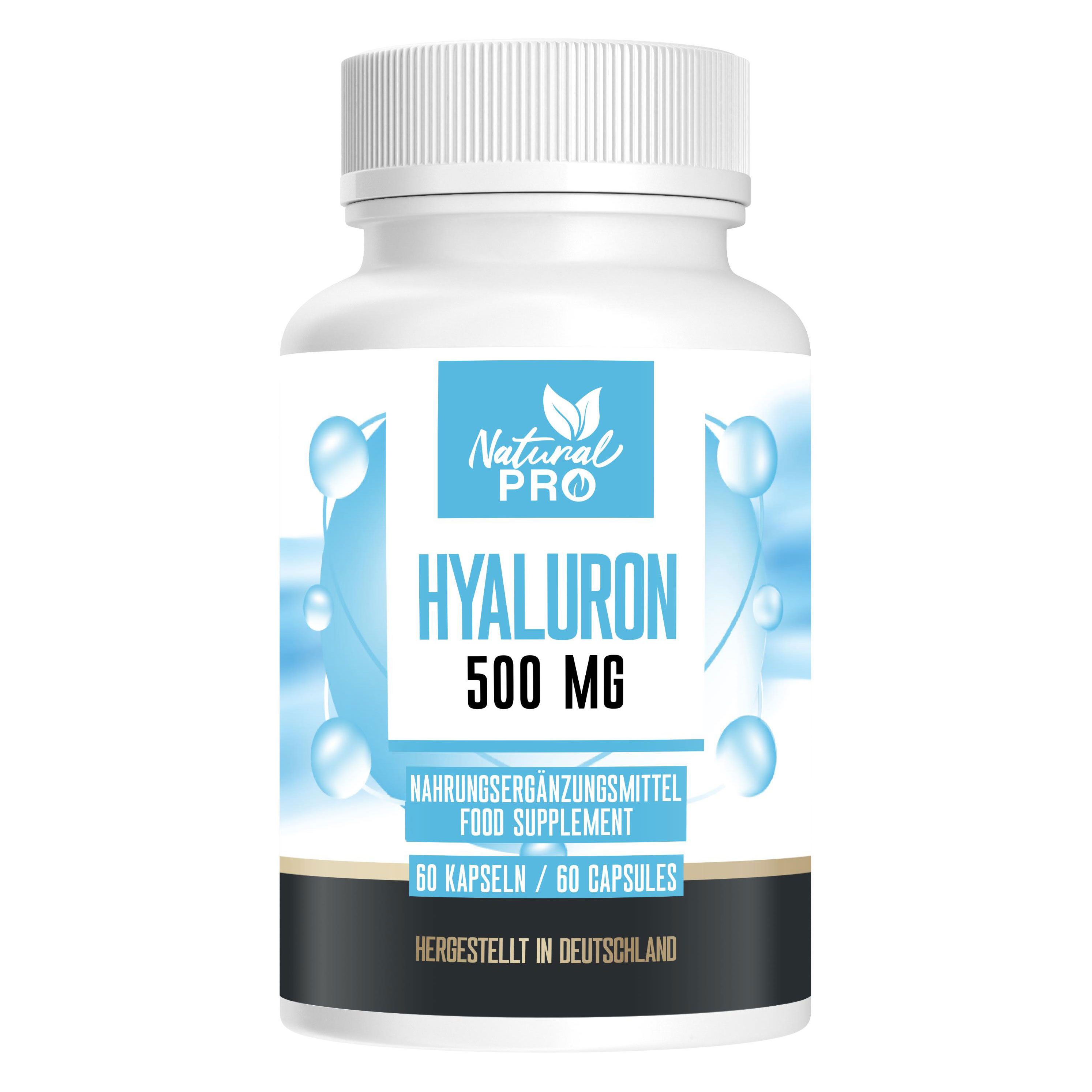 Weiße Flasche mit blauer Etikett. Aufschrift: Natural Pro, Hyaluron 500 MG, 60 Kapseln. Nahrungsergänzungsmittel.