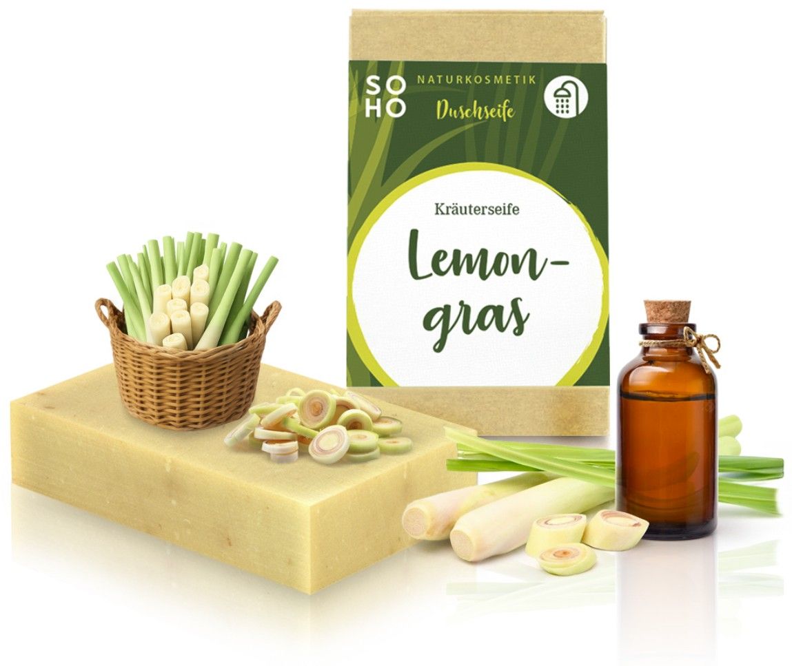Kräuterseife Lemongras, rechteckig, mit Lemongras-Stängeln und Flasche.