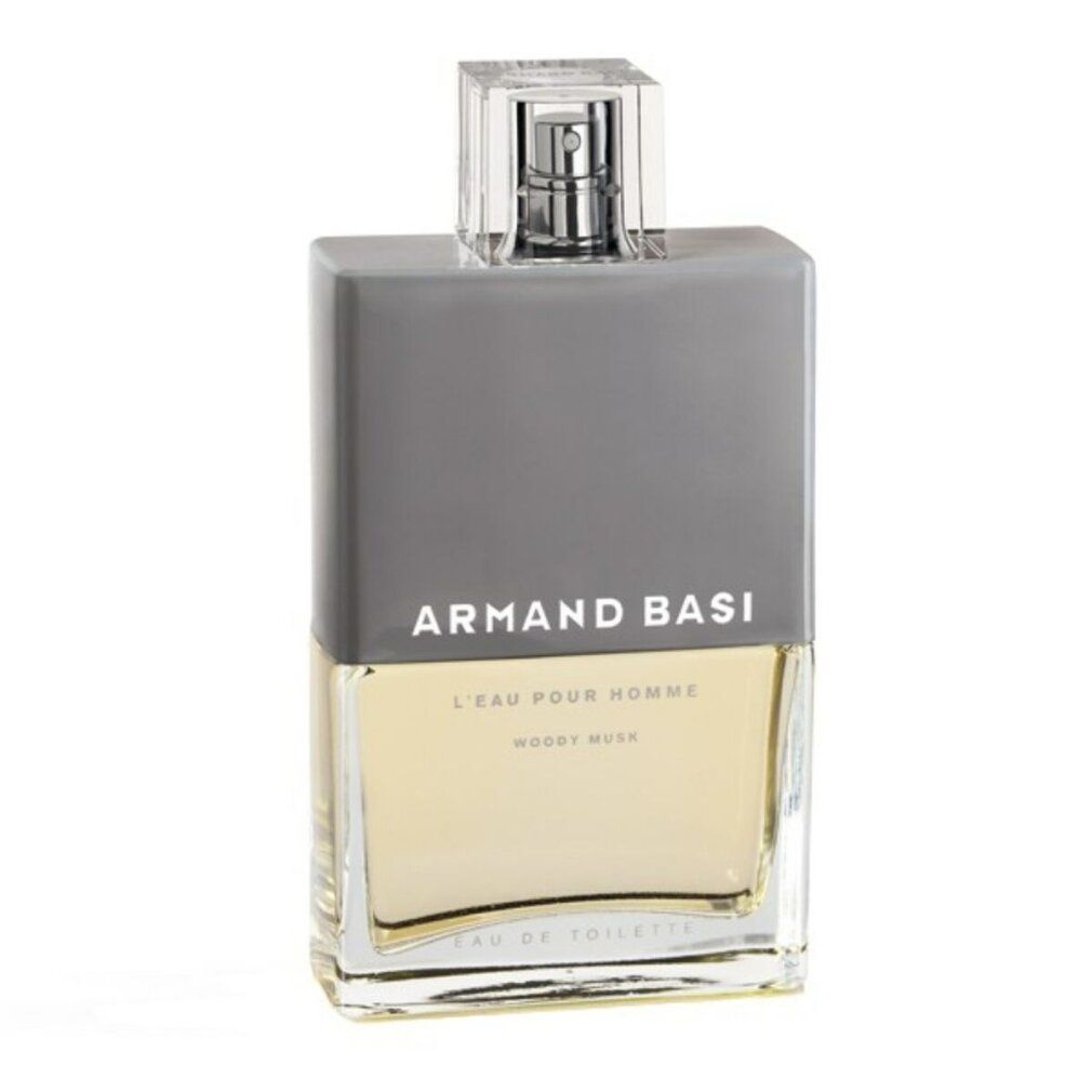Rechteckiger Flakon mit grauem Deckel. Aufschrift: Armand Basi, L'Eau Pour Homme, Woody Musk. Transparenter Sprühkopf.