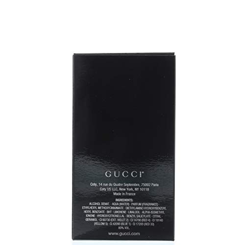 Rückseite der GUCCI Guilty Homme Verpackung. Schwarzer Karton mit Text und Logo. Inhaltsstoffe und Herstellerinformationen.