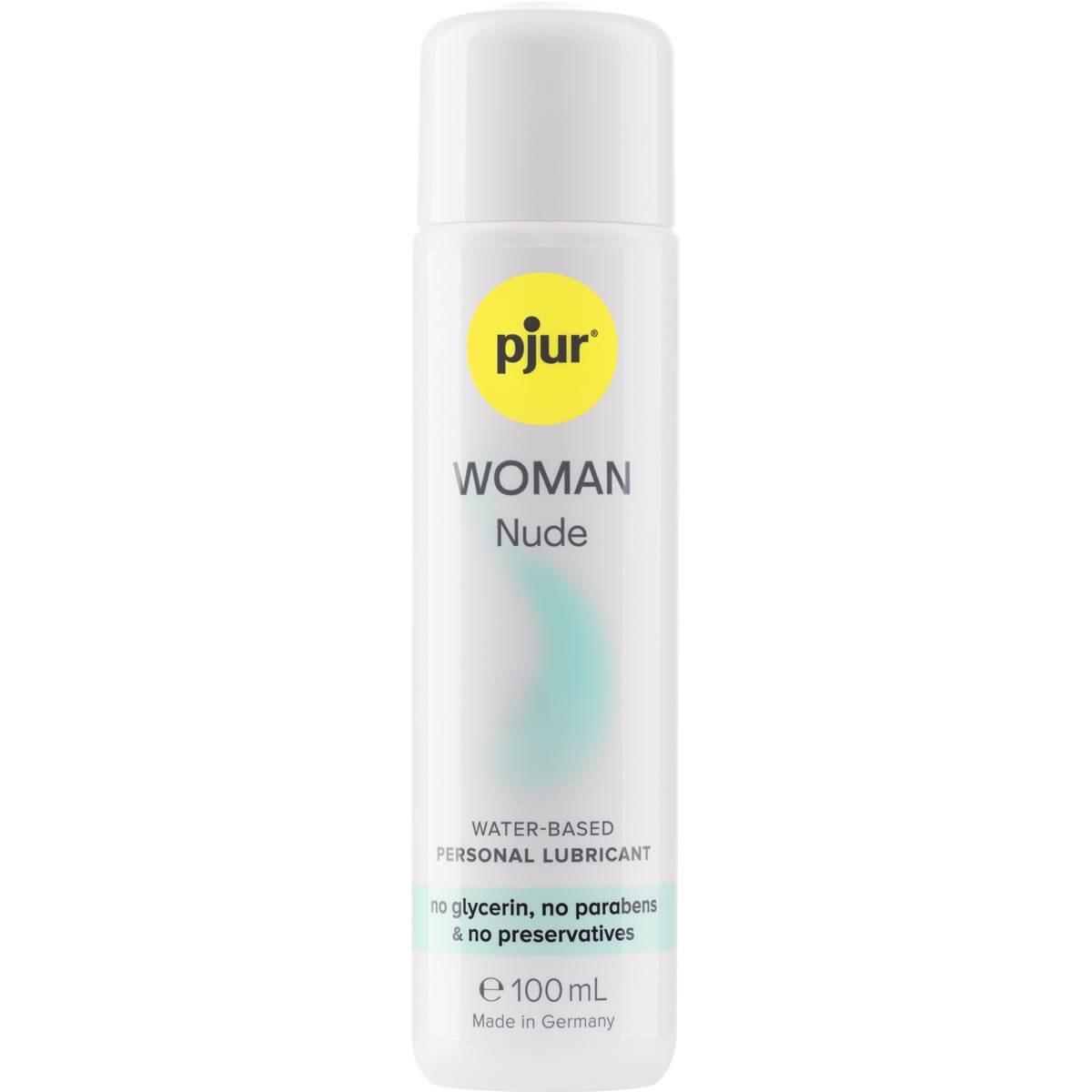Weiße Flasche mit gelbem Logo "pjur" und Aufschrift "WOMAN Nude". Wasserbasiertes Gleitmittel. Ohne Glycerin, Parabene und Konservierungsstoffe.