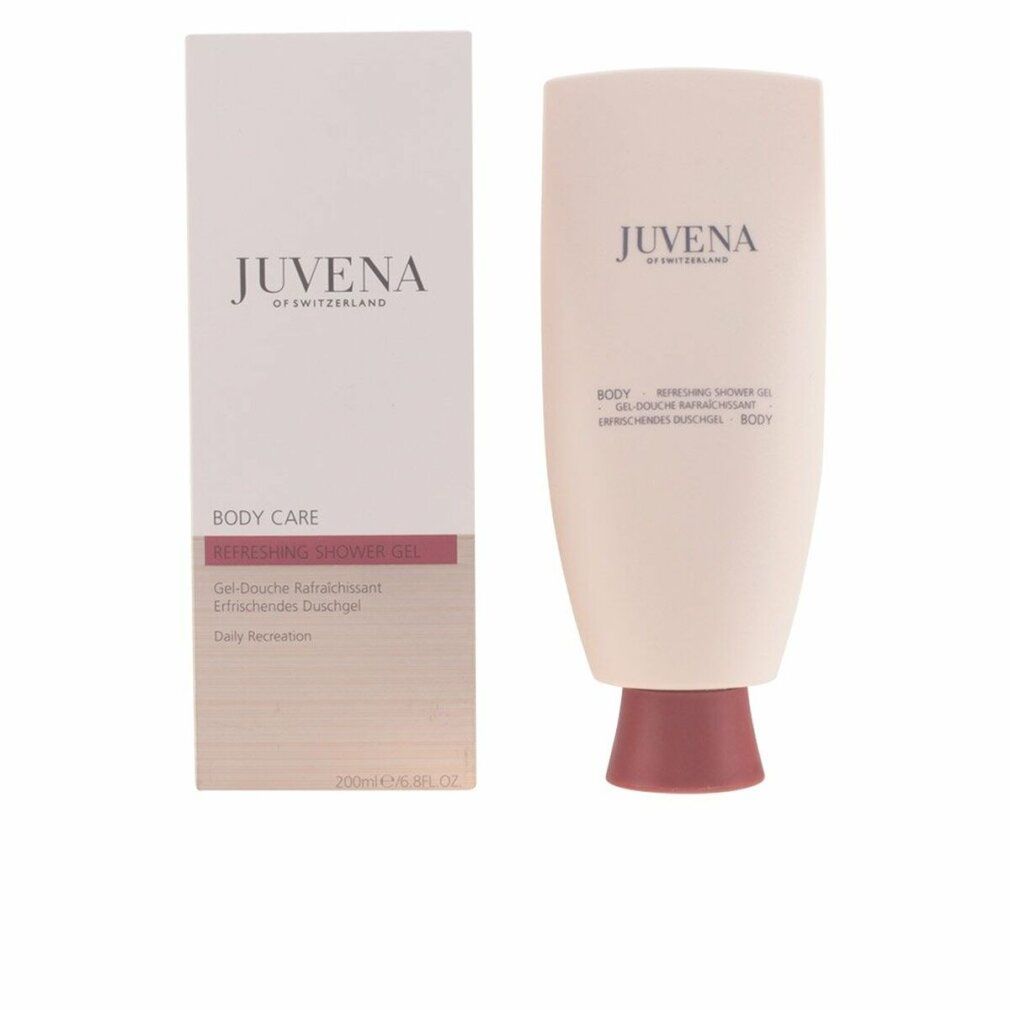 Flakon und Verpackung. Flakon: beige, rosa Verschluss. Verpackung: beige. Aufschrift: Juvena, Body, Refreshing Shower Gel.