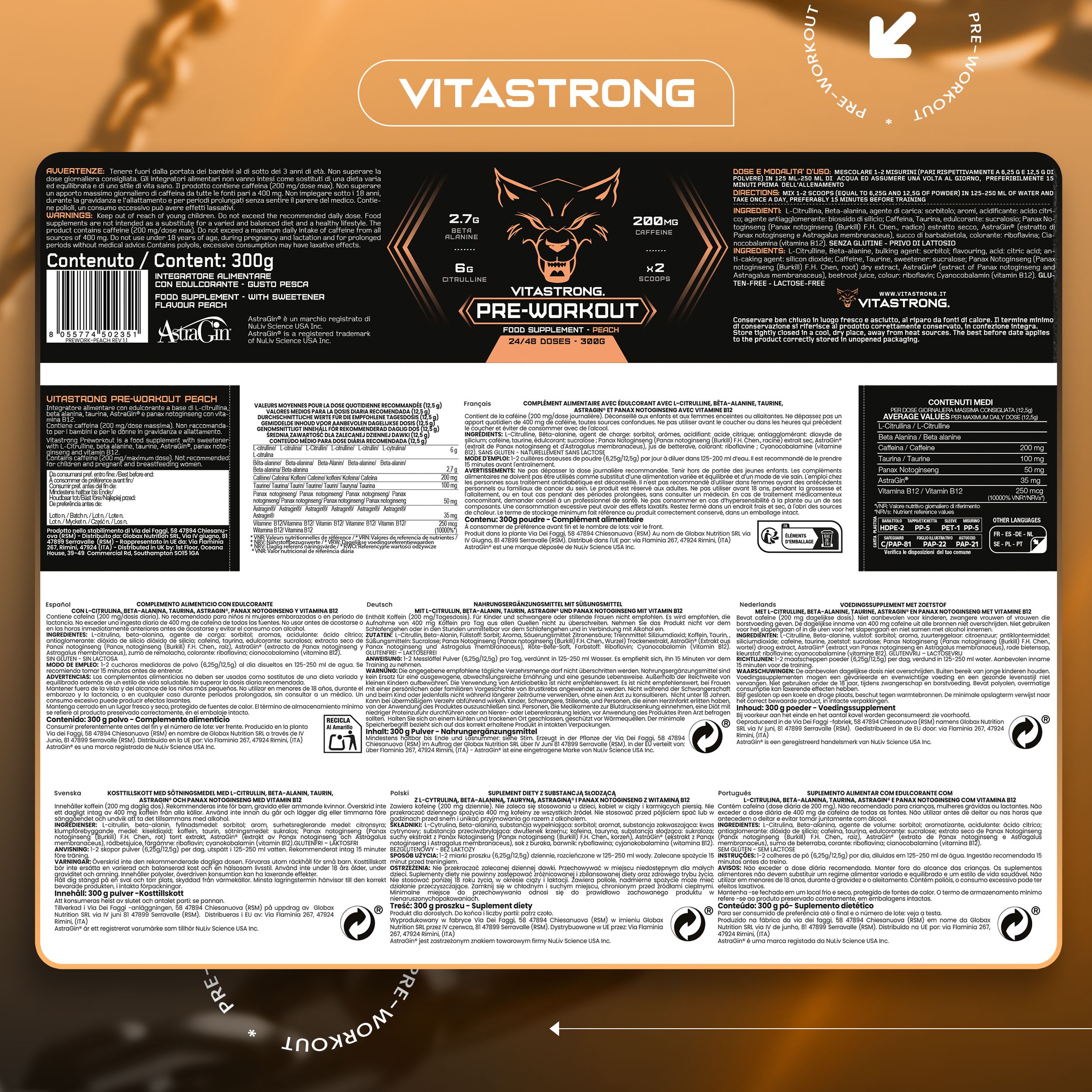 Rückseite der Vitastrong Pre-Workout-Verpackung. Text und Nährwertangaben. 300g.