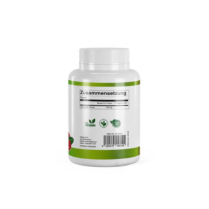 Witte fles met groen etiket. Opschrift: Samenstelling, vegan, 100% plantaardige vezel. Streepjescode.