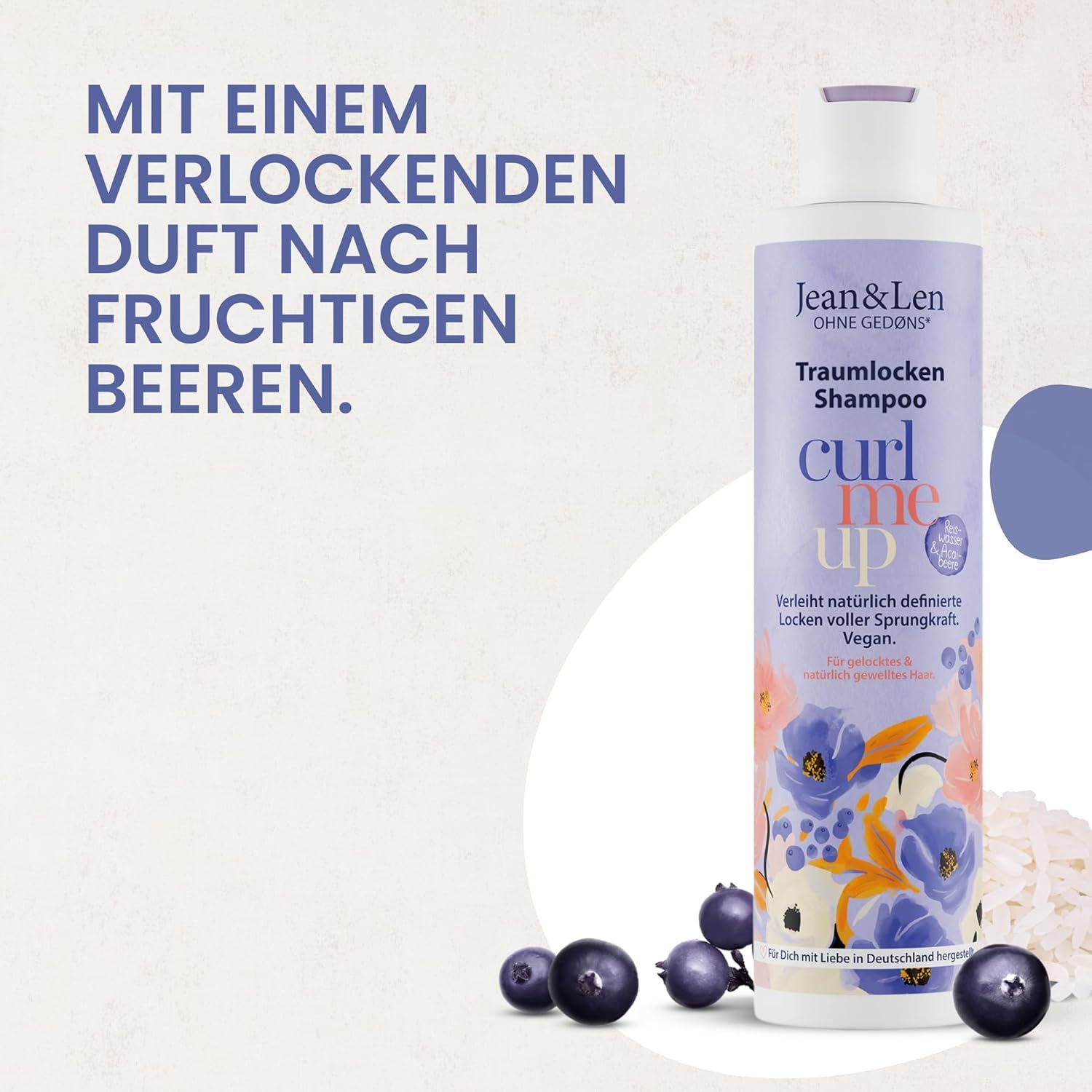 Produktflasche mit Text: Mit einem verlockenden Duft nach fruchtigen Beeren. Blaubeeren und Reis.