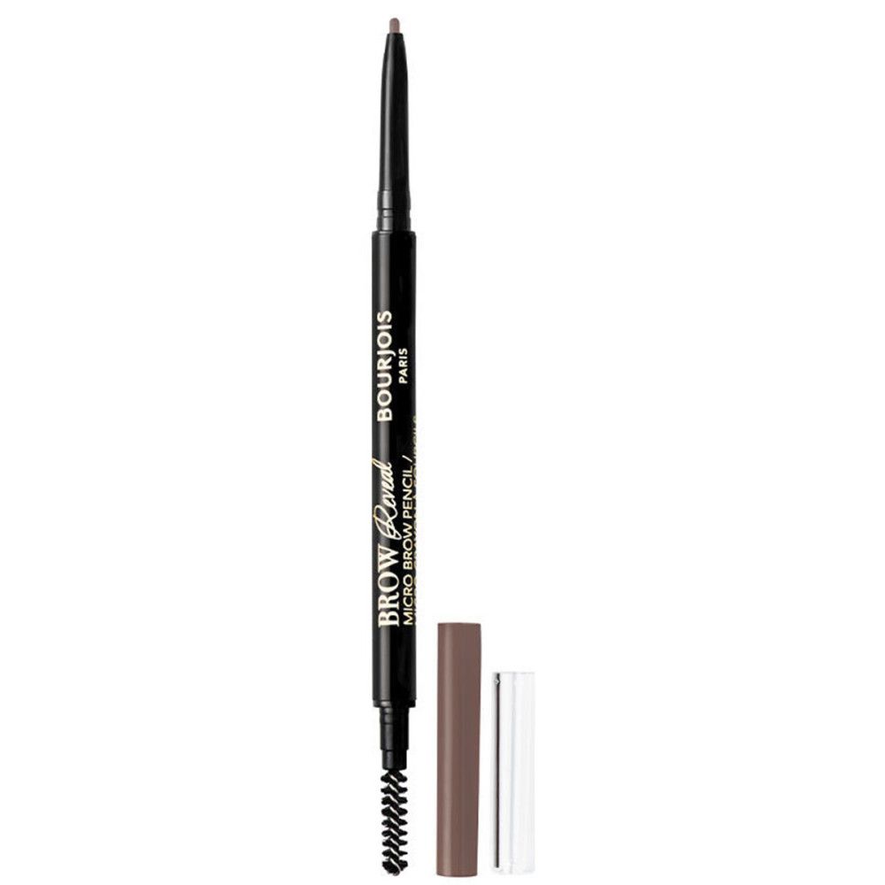 Augenbrauenstift mit Bürste und Kappe. Schwarzer Stift mit Aufschrift Bourjois Paris. Produktname: Brow Reveal Micro Brow.