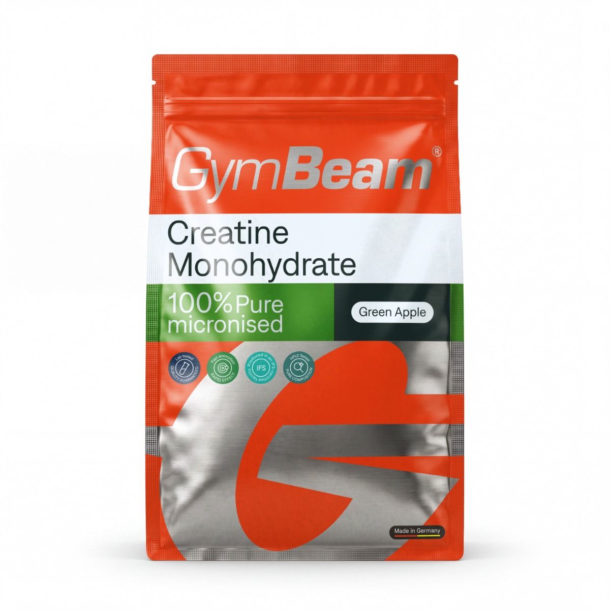 GymBeam Kreatin Monohydrat Pulver, 100% rein mikronisiert, grüner Apfelgeschmack. Orangefarbene Verpackung mit Siegeln.