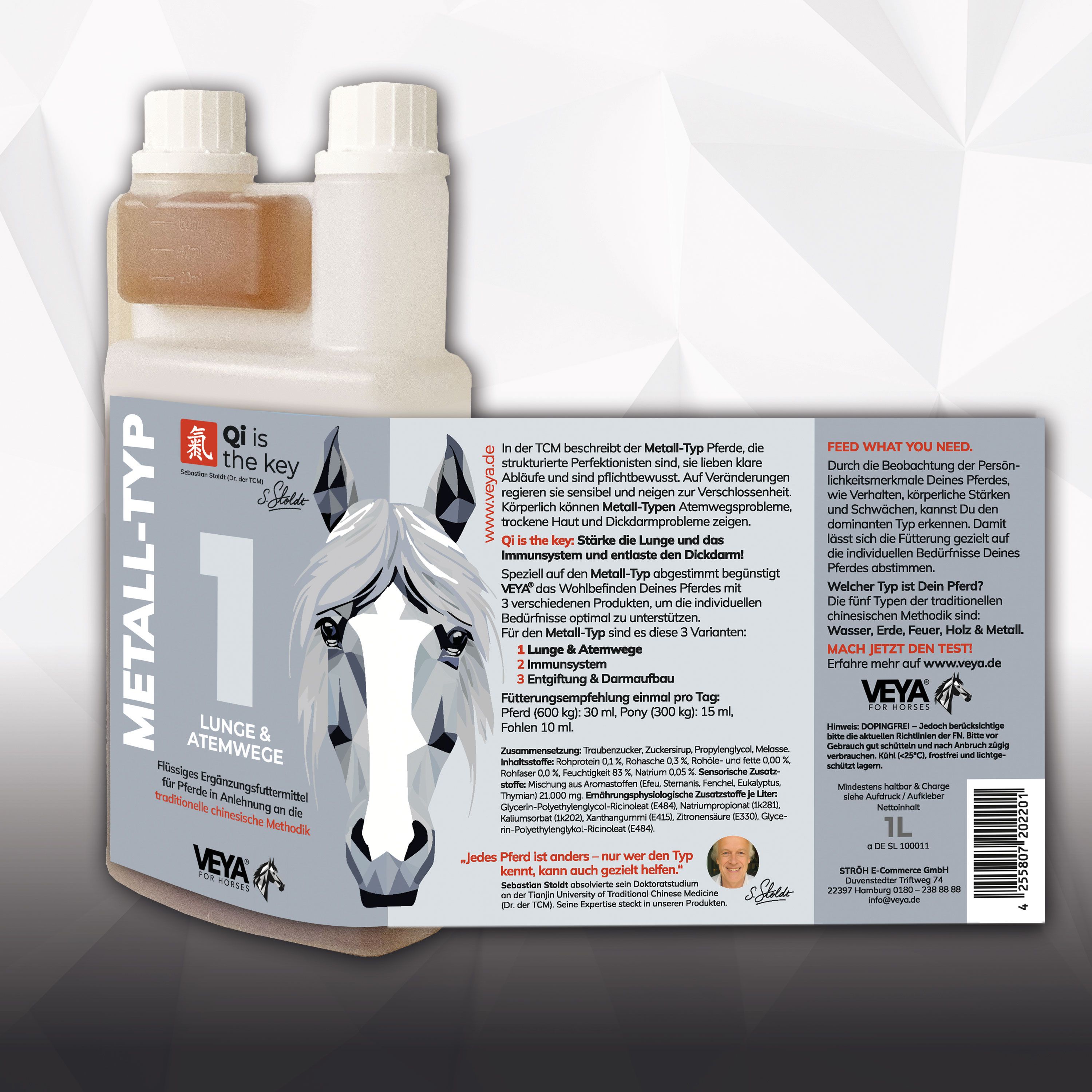 VEYA METALL-TYP 1 für Lunge & Atemwege. Doppelpackung mit Etikett. Pferdezeichnung, Text. Hintergrund mit hellen Streifen.