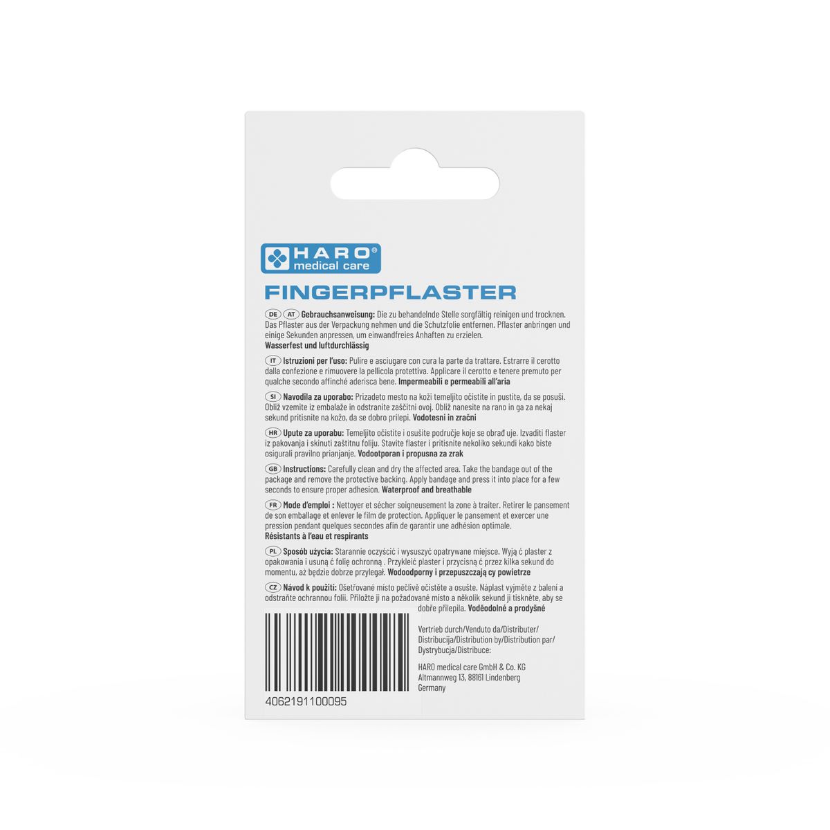 Rückseite einer weißen Verpackung mit Fingerpflastern. Aufschrift: HARO medical care. Barcode und Gebrauchsanweisung in mehreren Sprachen.