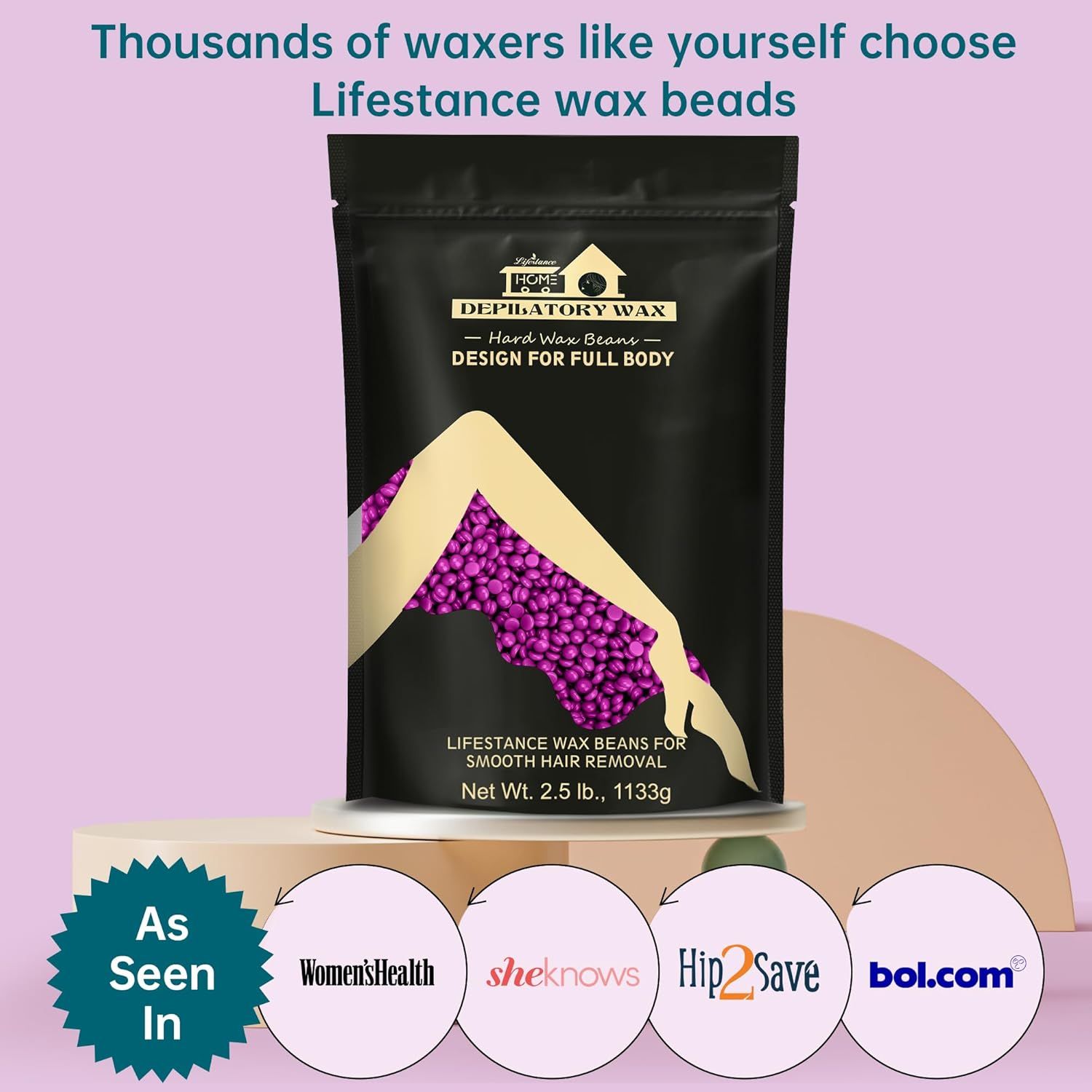 Schwarze Verpackung mit violetten Wachsperlen. Text: Lifestance, Depilatory Wax, Design für den ganzen Körper. 2.5 lb. Erwähnt in Women's Health.