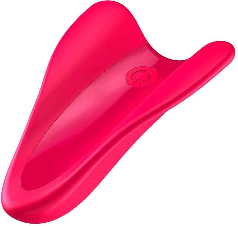 Rosa Fingervibrator mit abgerundeter Form und Power-Taste. Oberseite mit glatter Oberfläche.