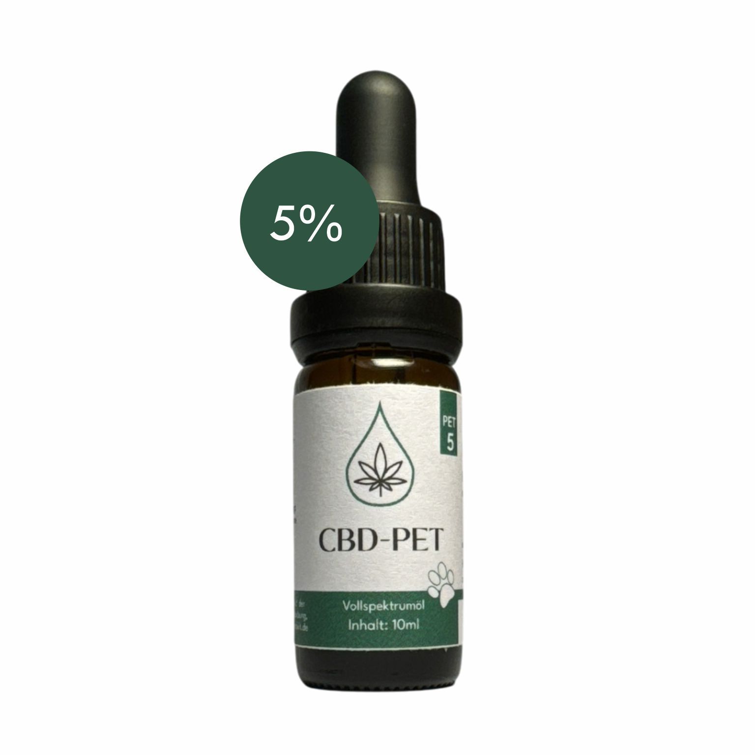 Dunkelbraune Glasflasche mit Pipettenverschluss, Etikett mit 5% CBD-PET und Blatt-Symbol.