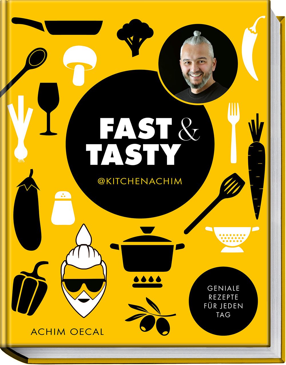 Kochbuch mit gelbem Einband. Titel: Fast & Tasty. Autor: Achim Oecal. Illustrationen von Küchenutensilien und einem Koch.